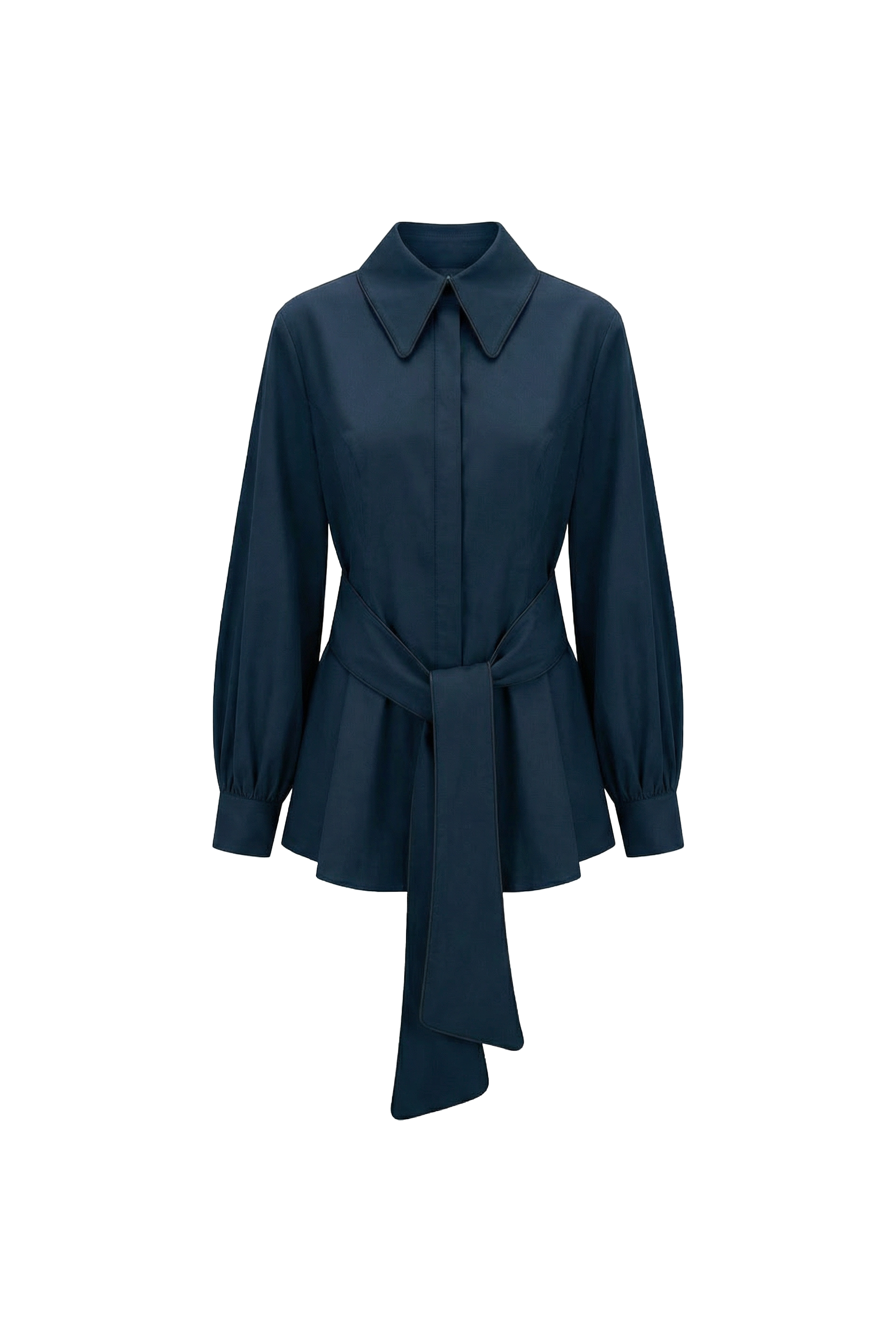 Navy Tailored Belted Cotton Blouse