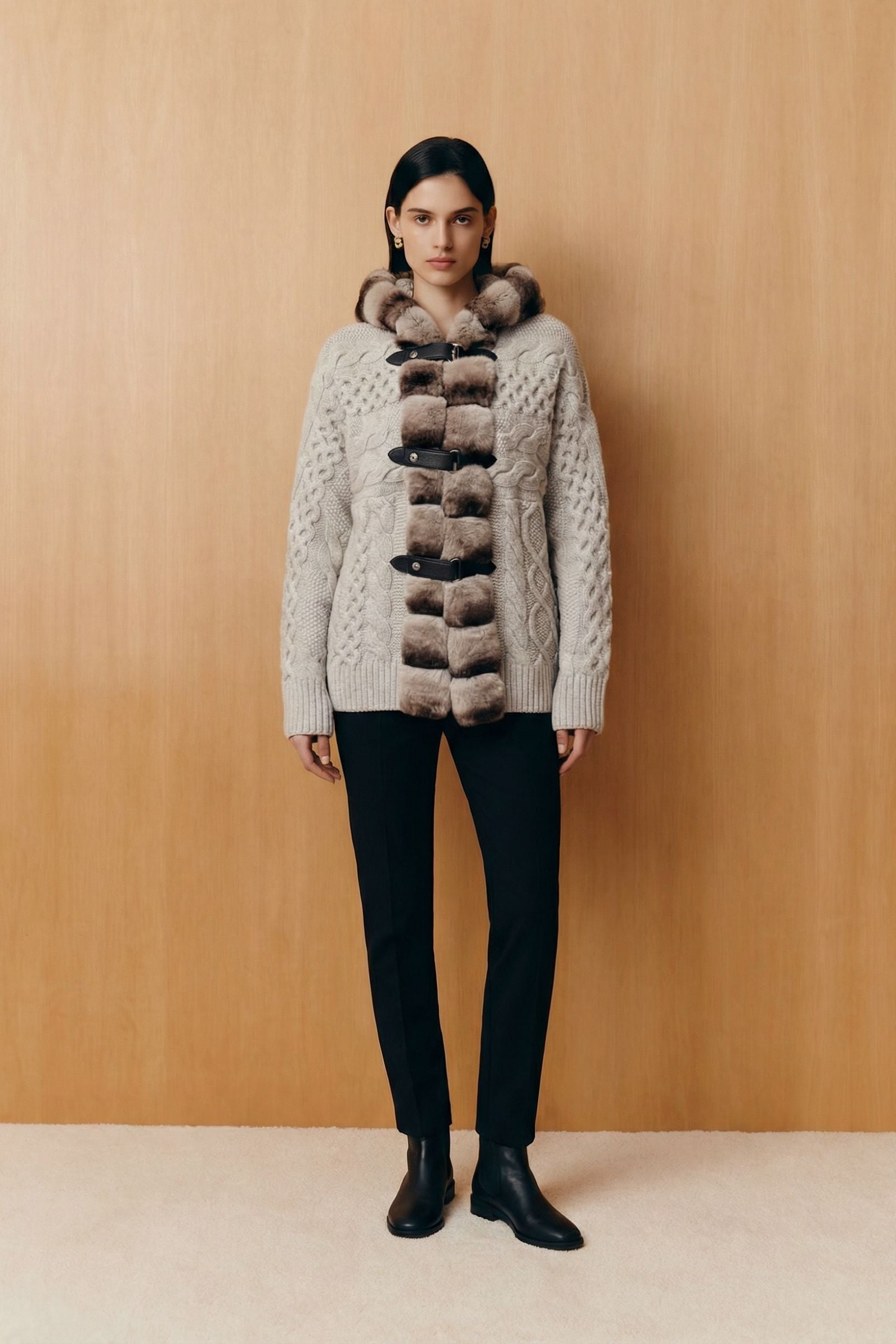Alverra Rex Fur Hooded Knit Cardigan