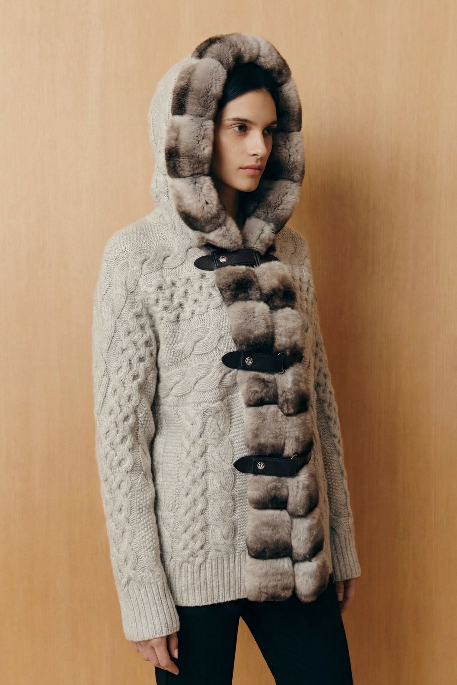 Alverra Rex Fur Hooded Knit Cardigan
