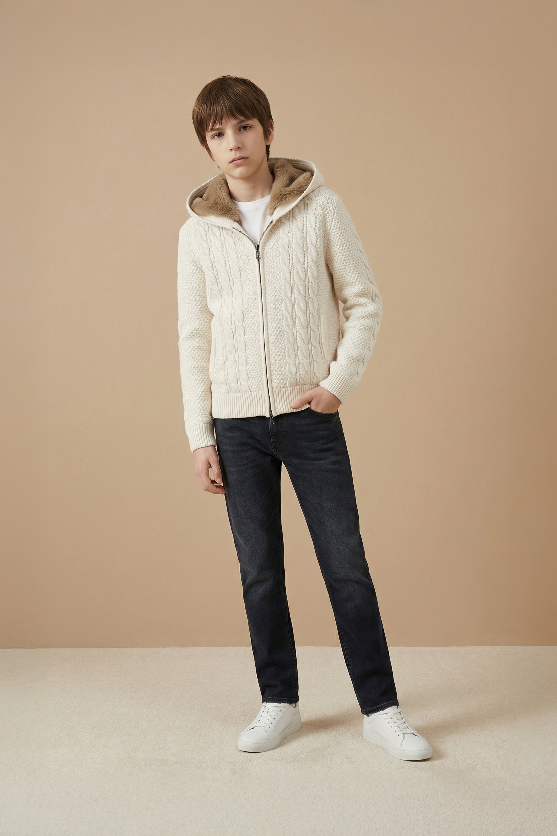 Ecru Cashmere & Wool Rex Lined Knit Hoodie