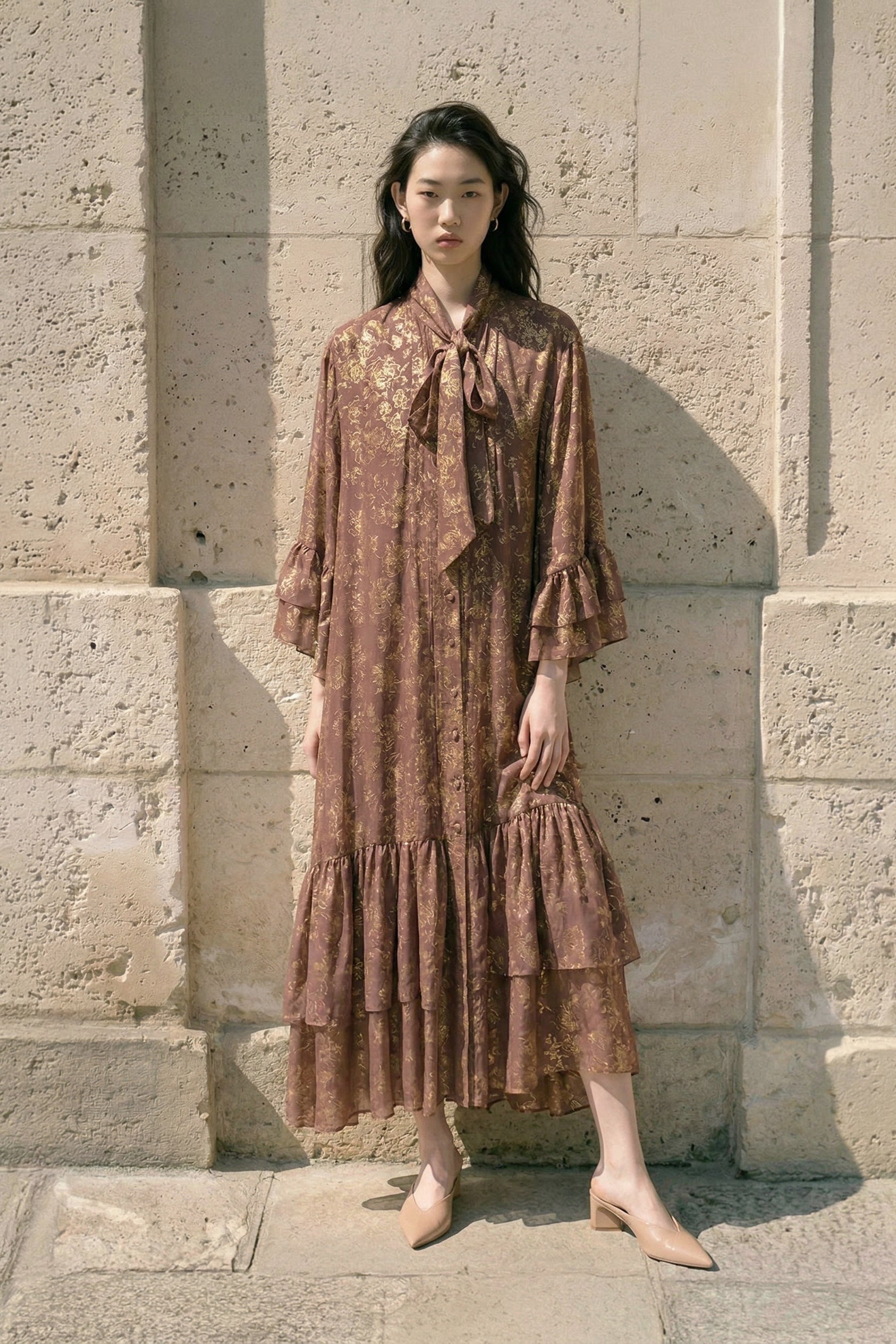 Brown Gold Jacquard Bow Midi Dress
