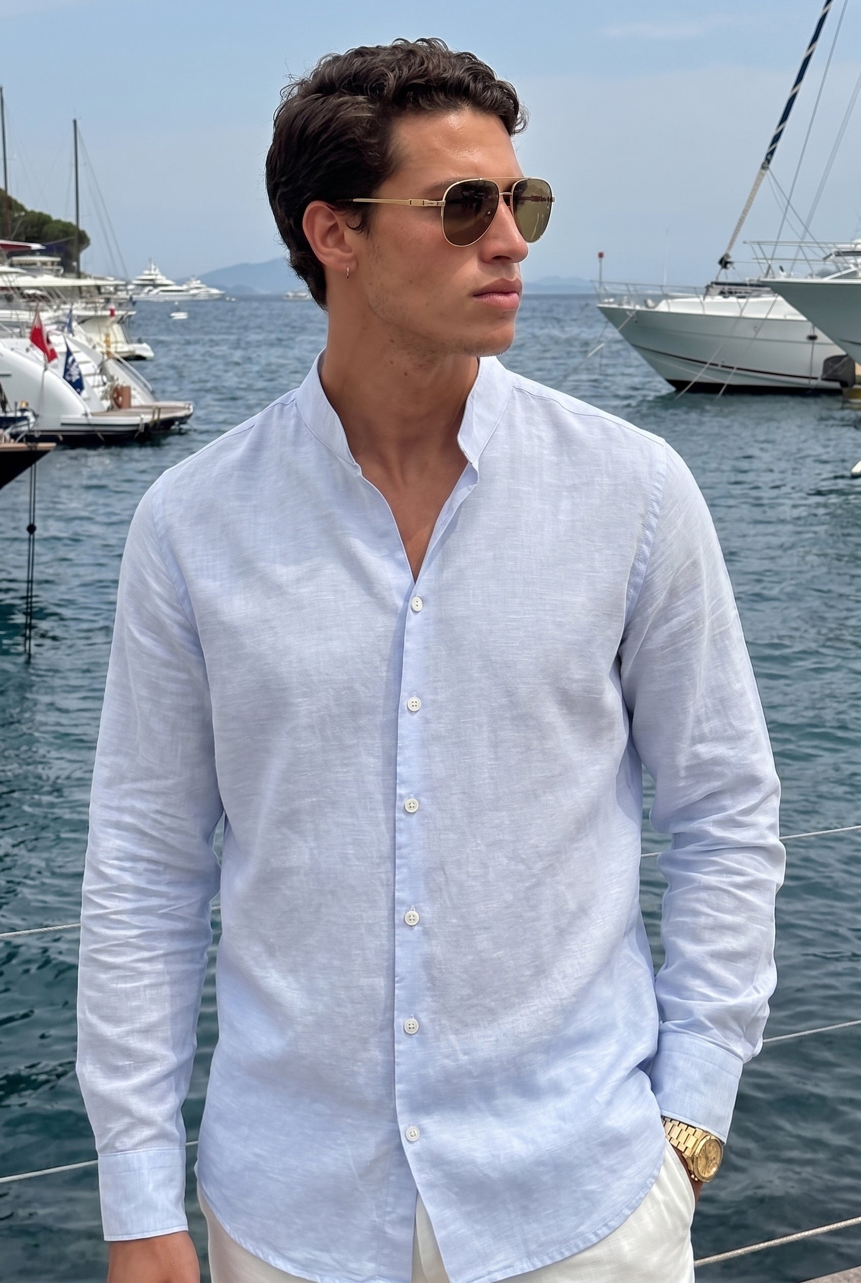 Mayfair Sky Mandarin Linen Shirt