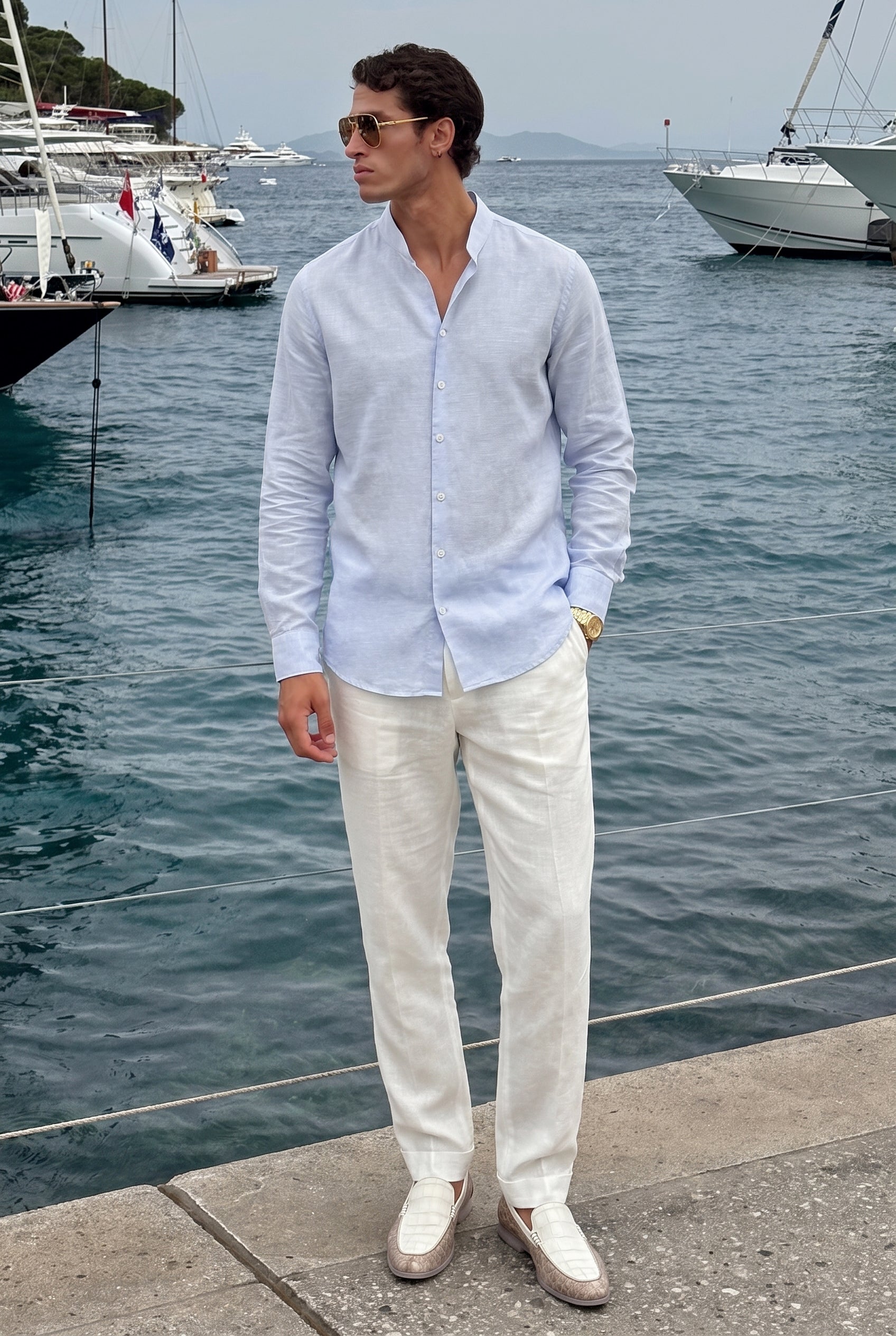 Mayfair Sky Mandarin Linen Shirt