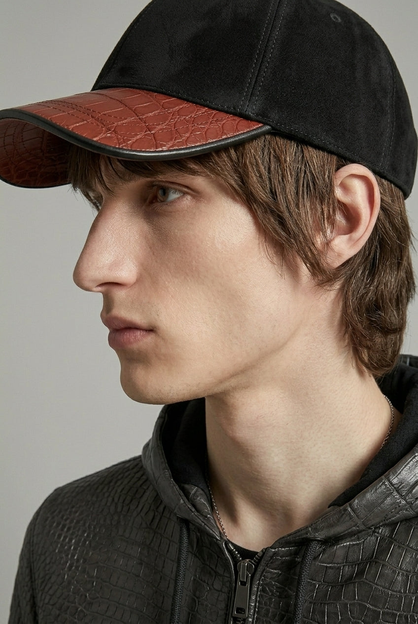 Noir Crocodile Leather Contrast Cap