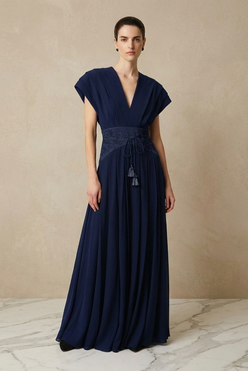 Midnight Navy Pleated V-Neck Dress
