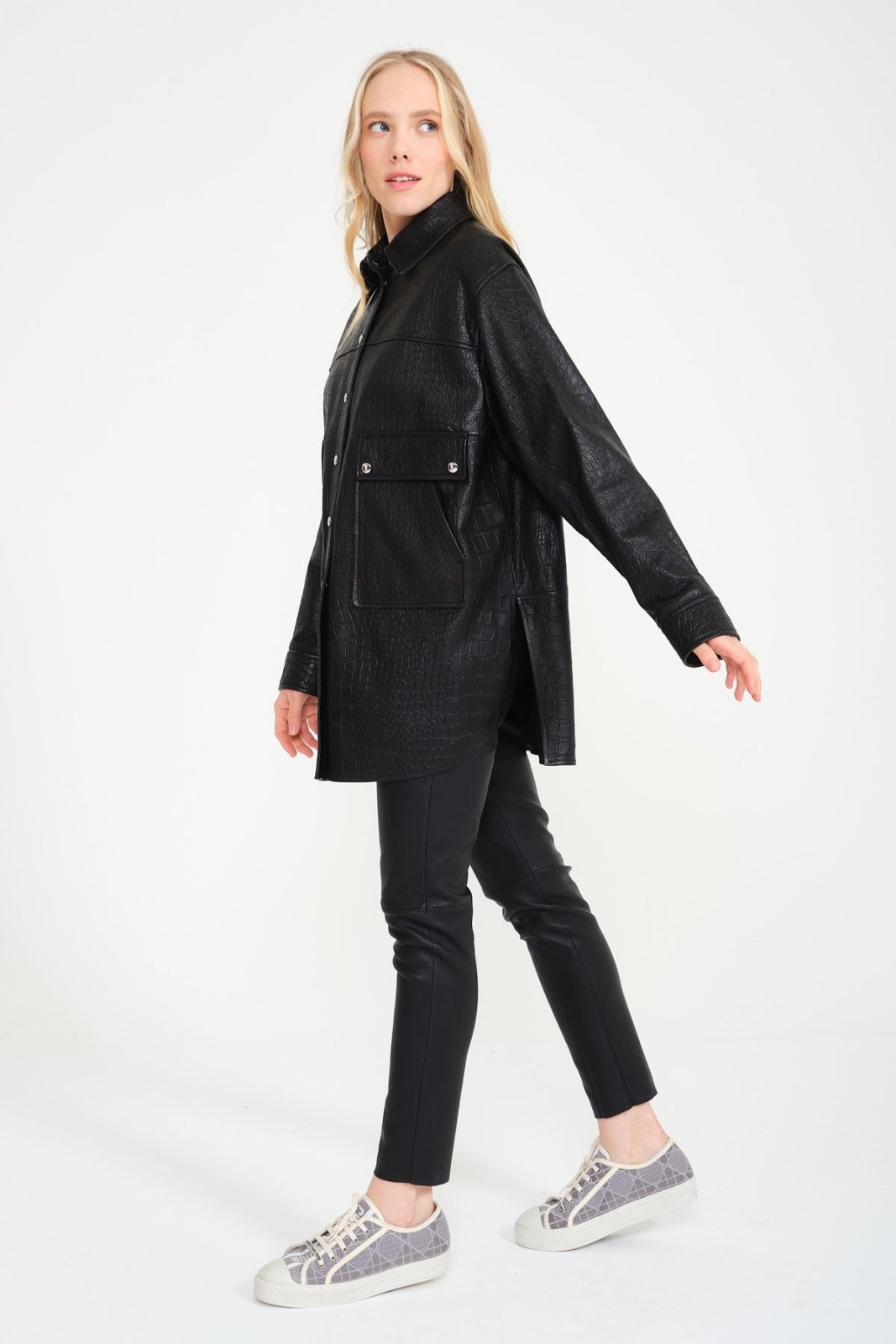 Black Crocodile Pattern Leather Coat - ADAMO