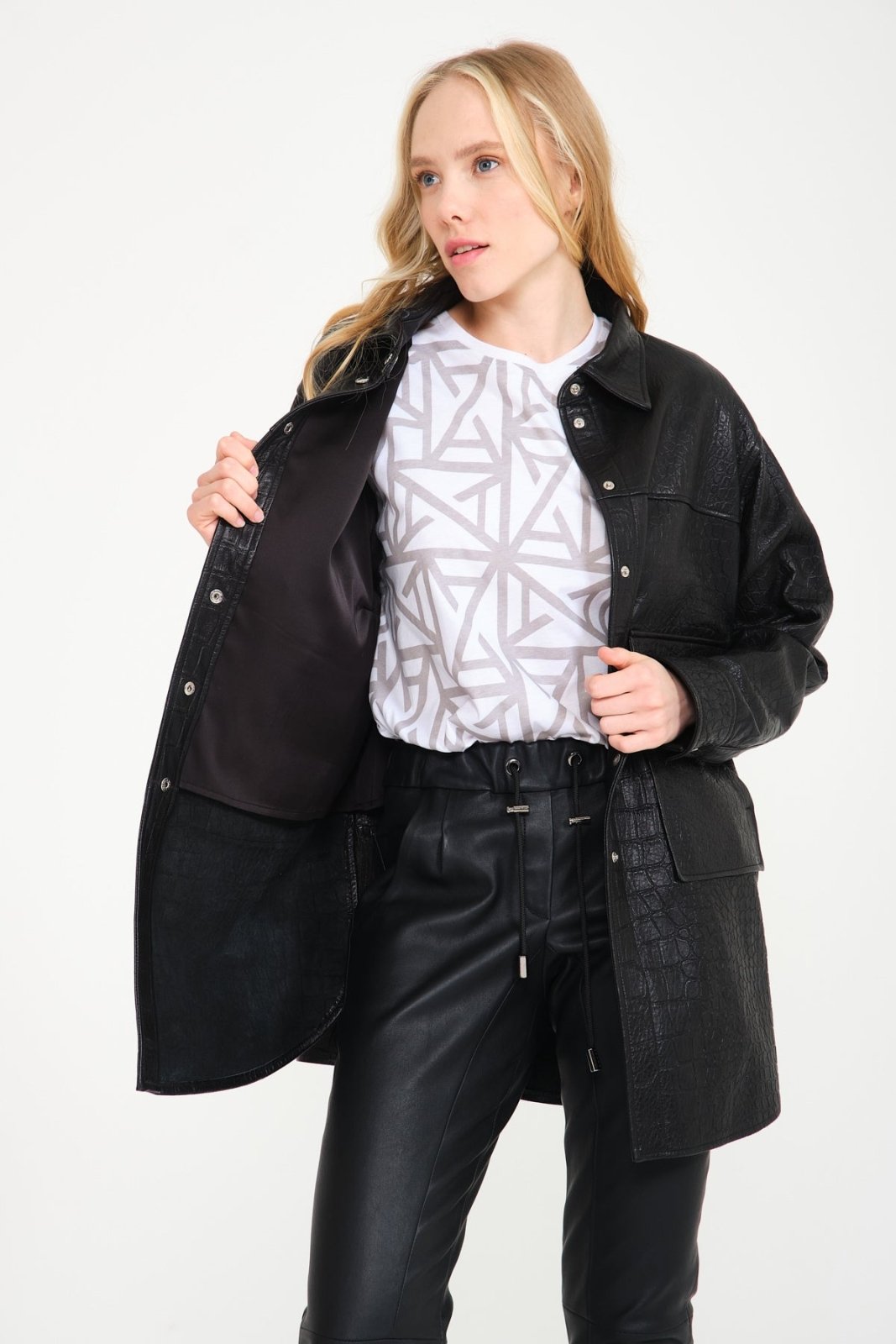 Black Crocodile Pattern Leather Coat - ADAMO