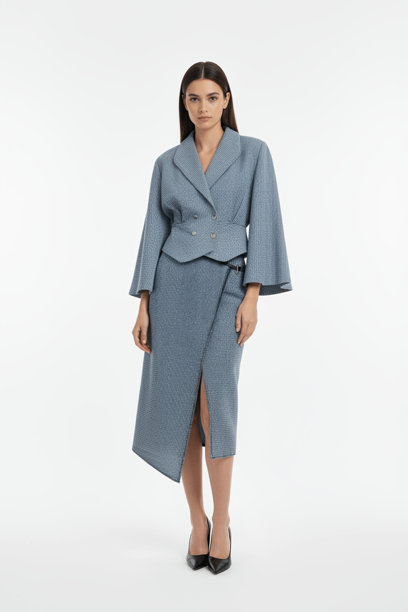 Blue Sculpted Wrap Skirt - ADAMO