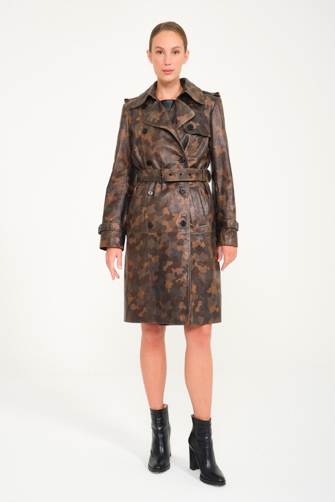 Camouflage Leather Trench Coat - ADAMO