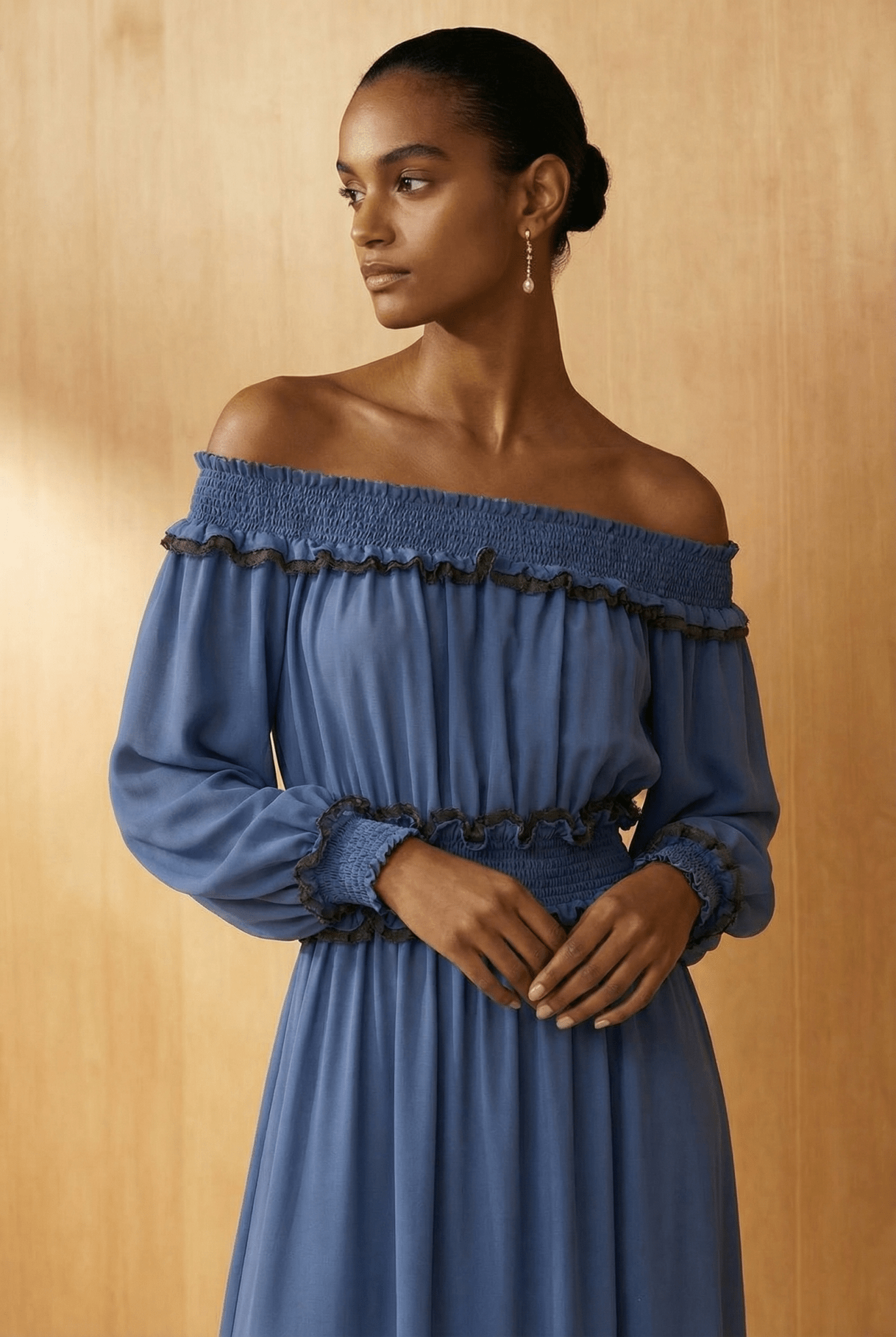 Celeste Blue Off - Shoulder Smocked Maxi Dress - ADAMO