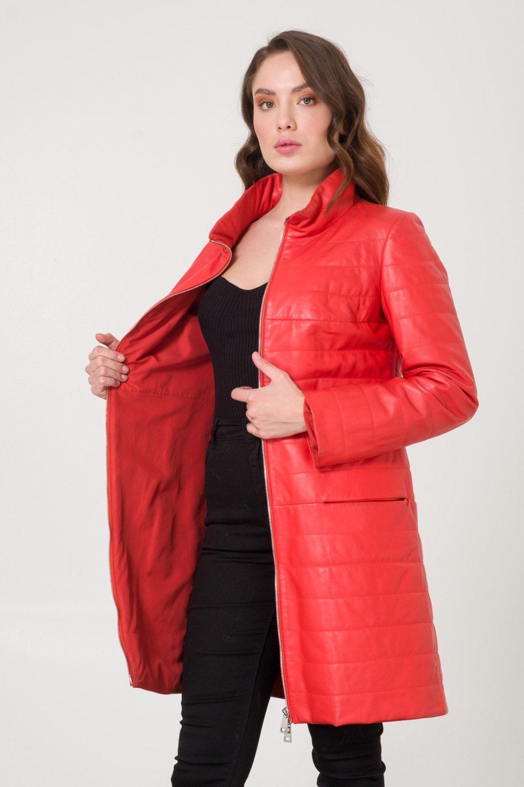 Coral Color Leather Coat - ADAMO