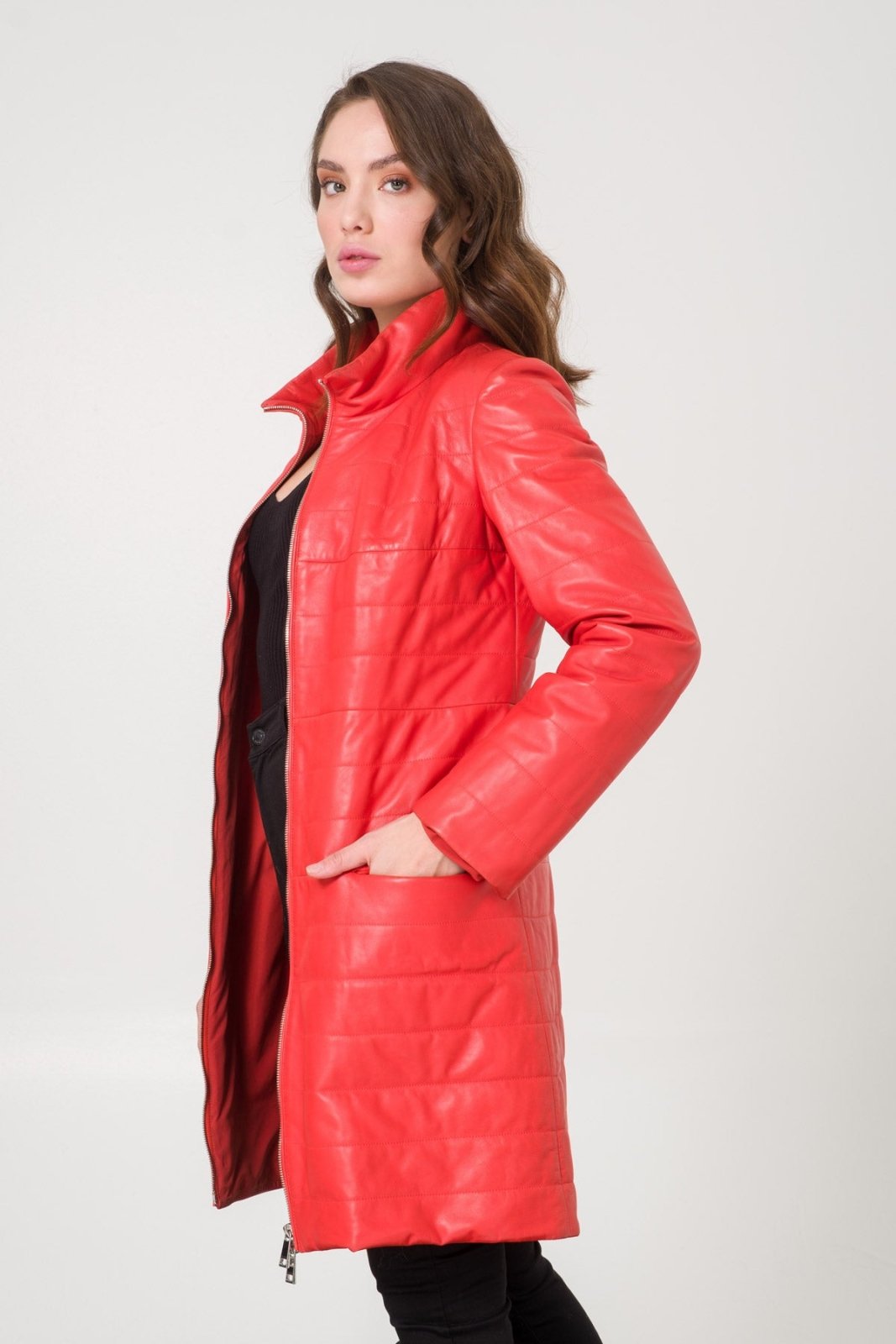 Coral Color Leather Coat - ADAMO