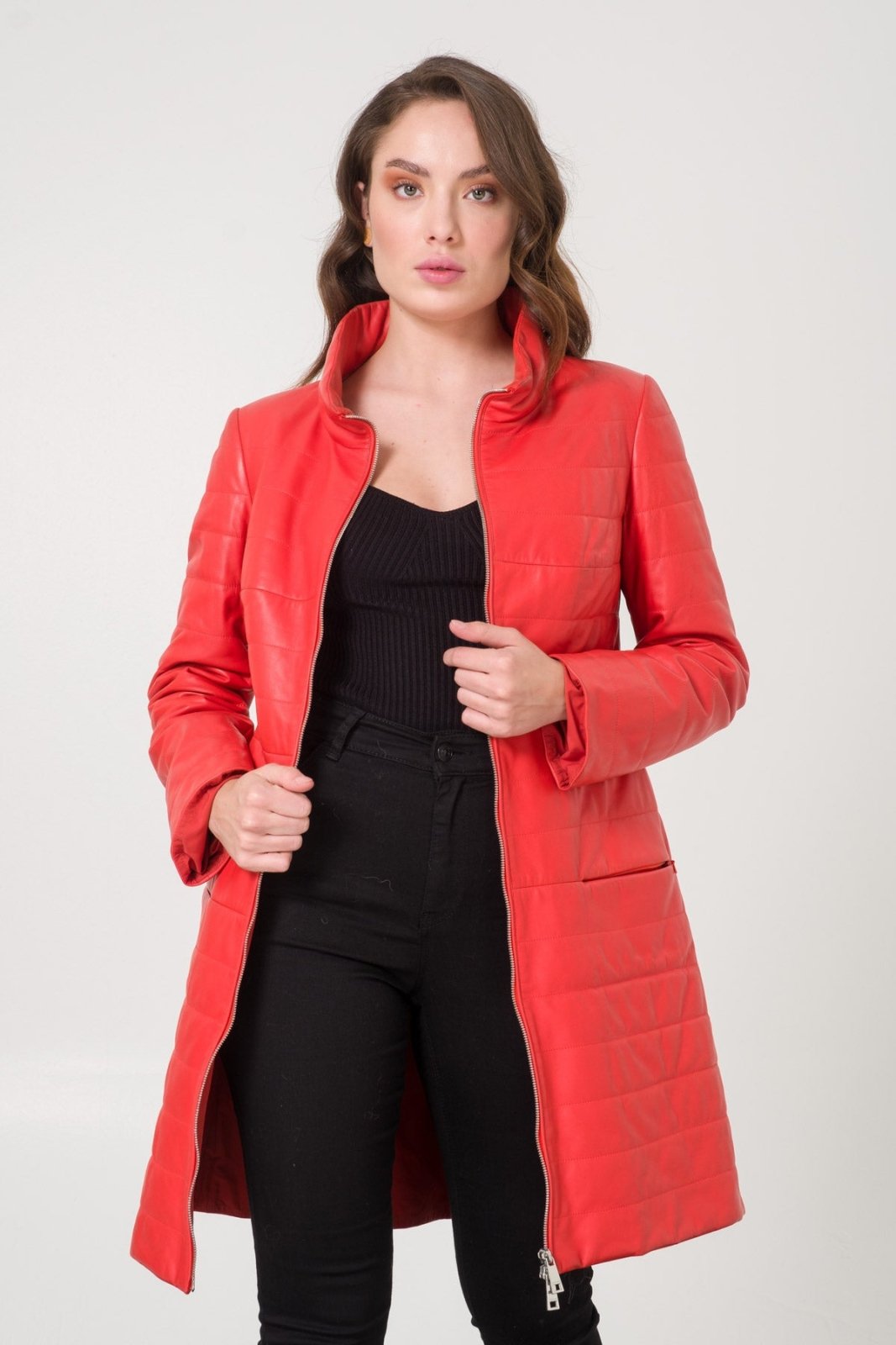 Coral Color Leather Coat - ADAMO