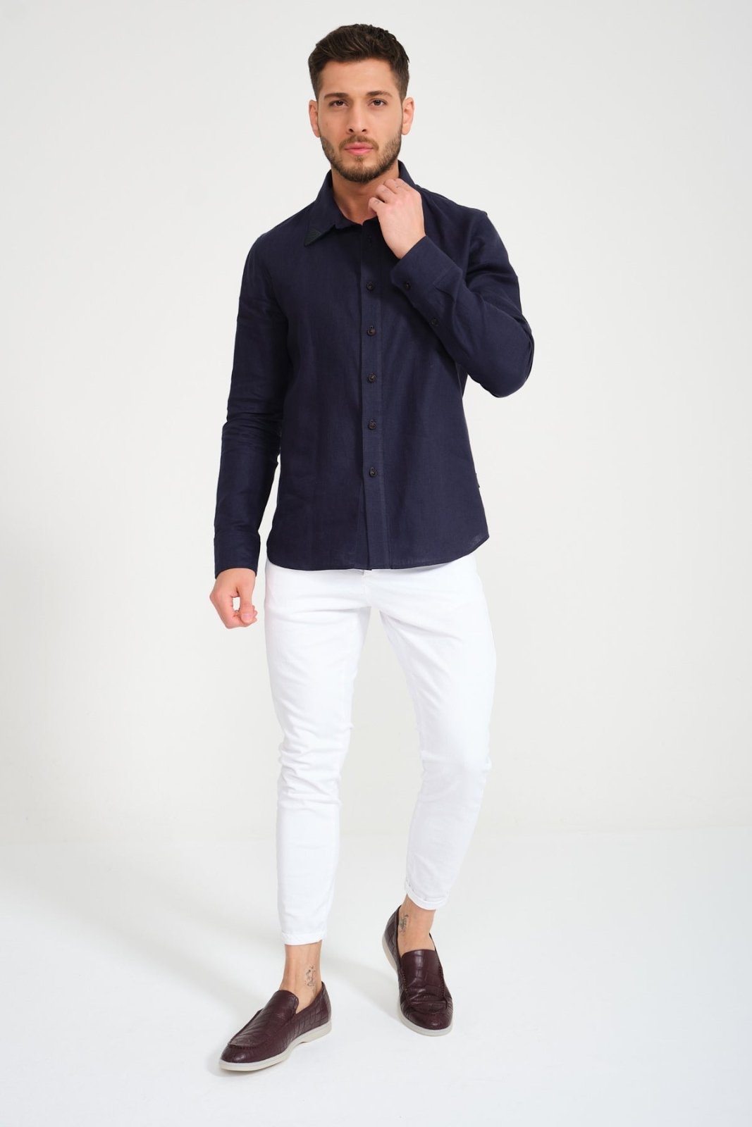 Dark Blue Linen Shirt - ADAMO