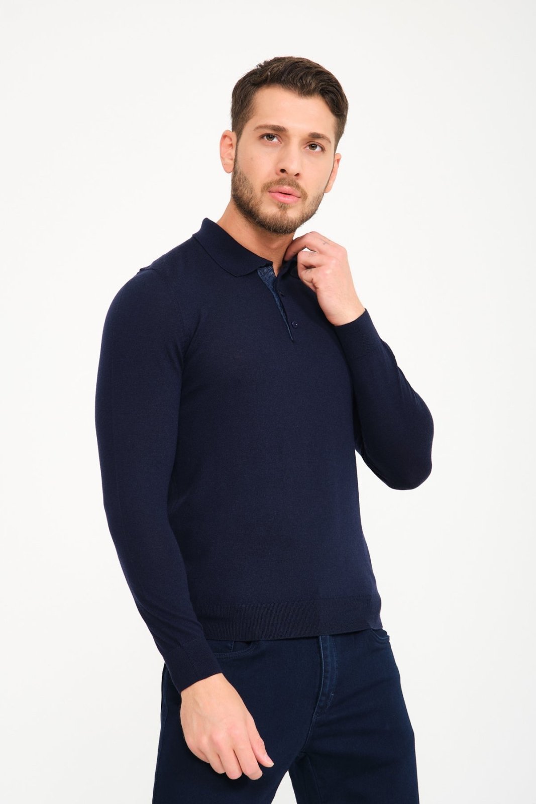 Dark Blue Polo Wool Shirt - ADAMO
