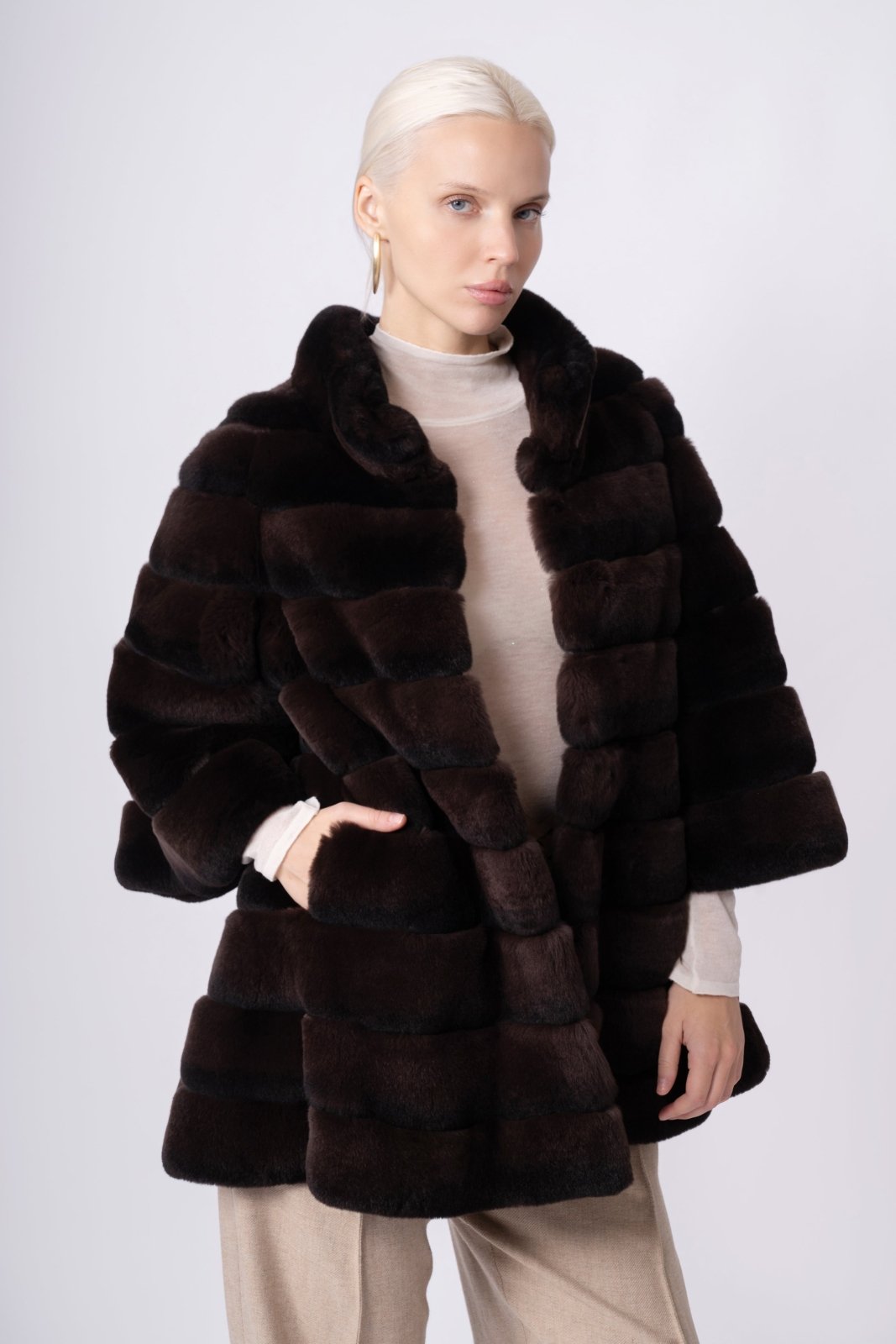 Espresso Brown Rex Fur Jacket - ADAMO