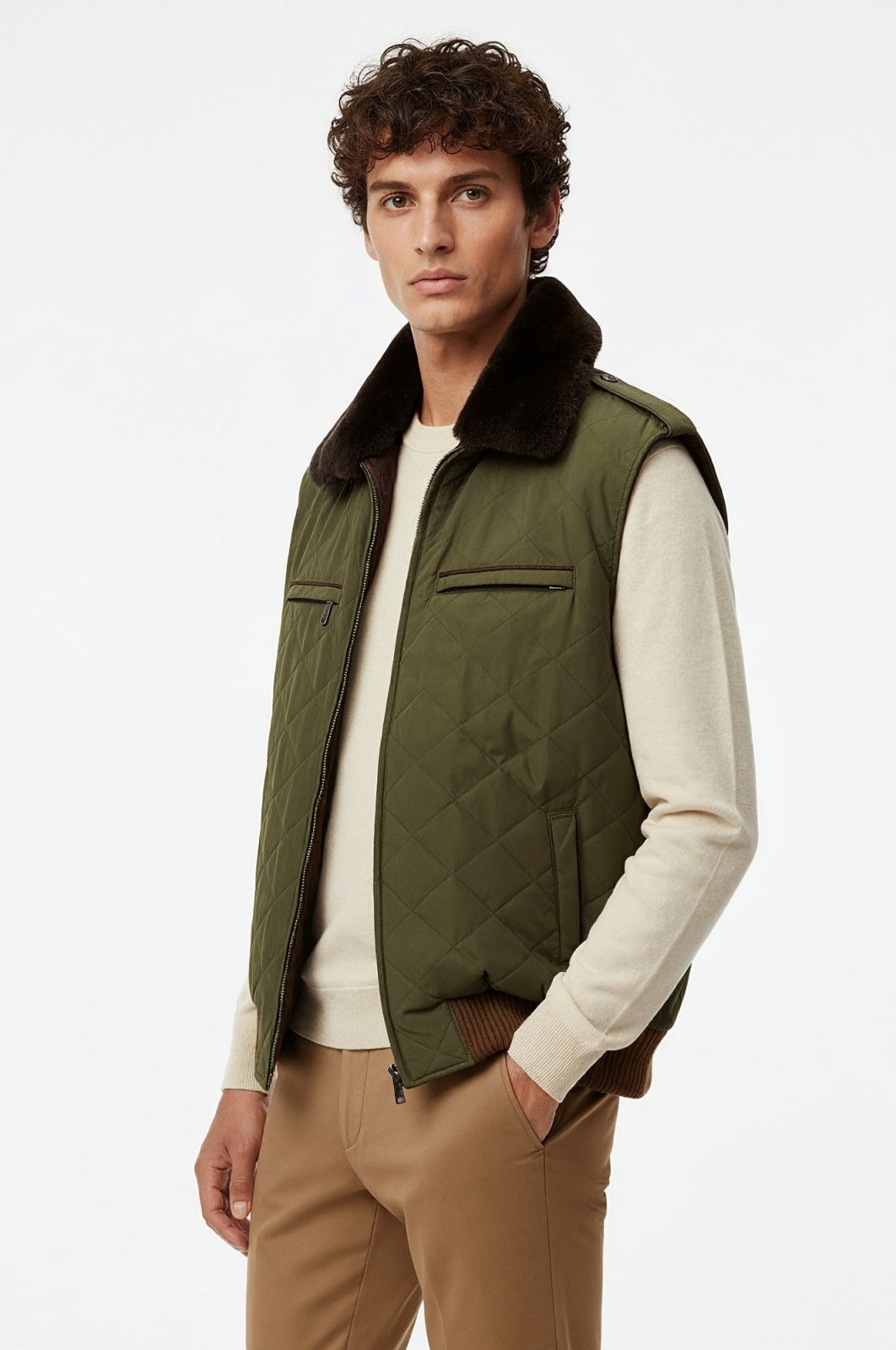 Khaki Quilted Vest w/ Rex Collar - ADAMO