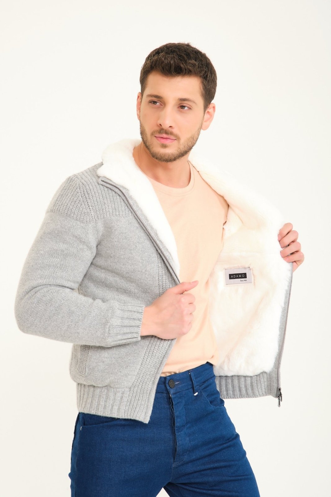 Light Grey Wool & Rex Fur Knit Jacket - ADAMO