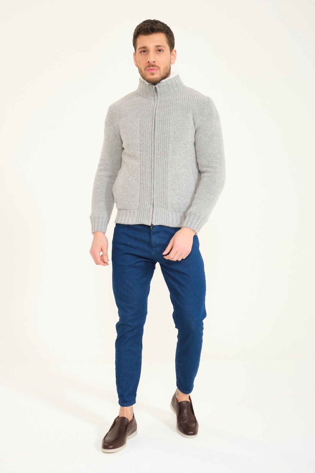 Light Grey Wool & Rex Fur Knit Jacket - ADAMO