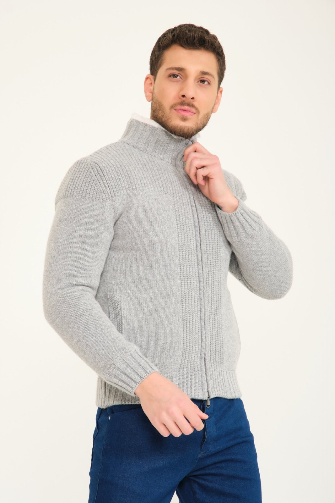 Light Grey Wool & Rex Fur Knit Jacket - ADAMO