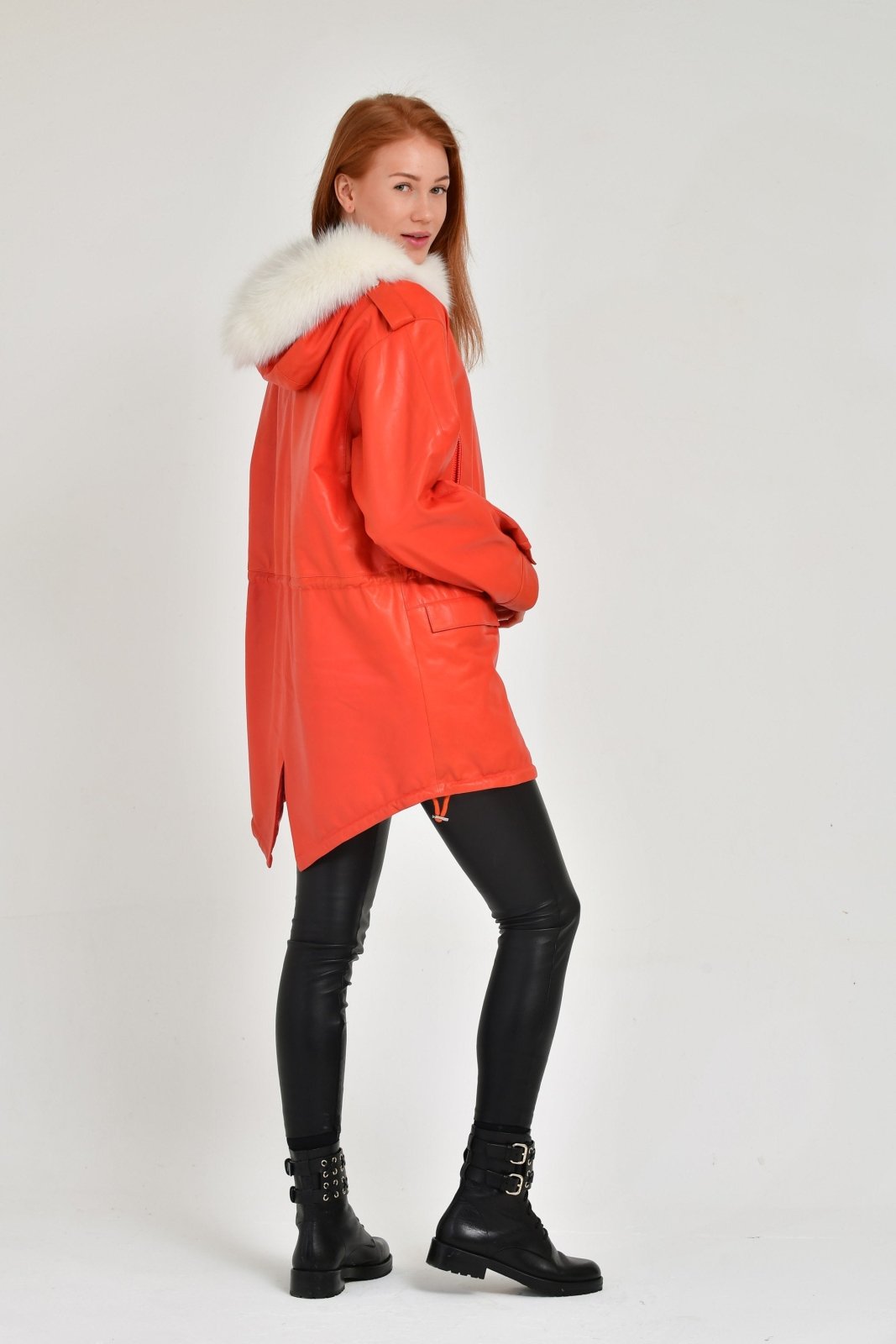 Orange Long Leather Coat - ADAMO