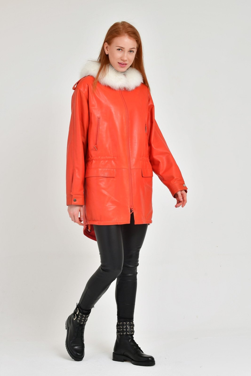 Orange Long Leather Coat - ADAMO