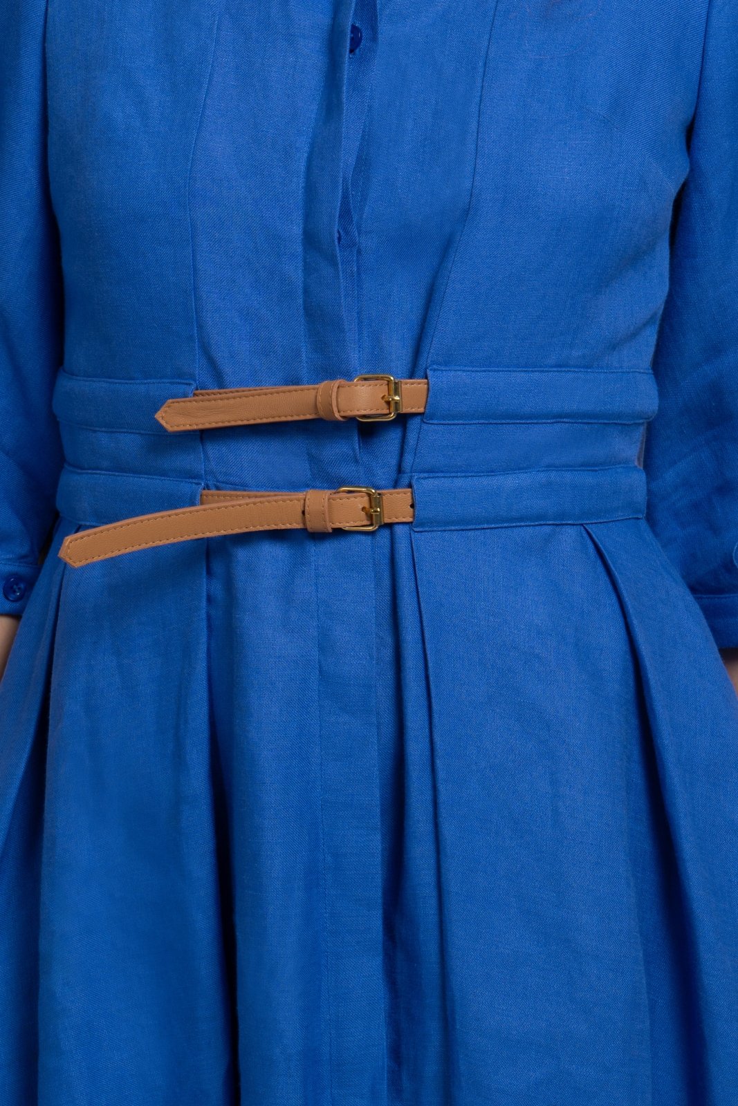 Sax Blue Belted Linen Dress - ADAMO