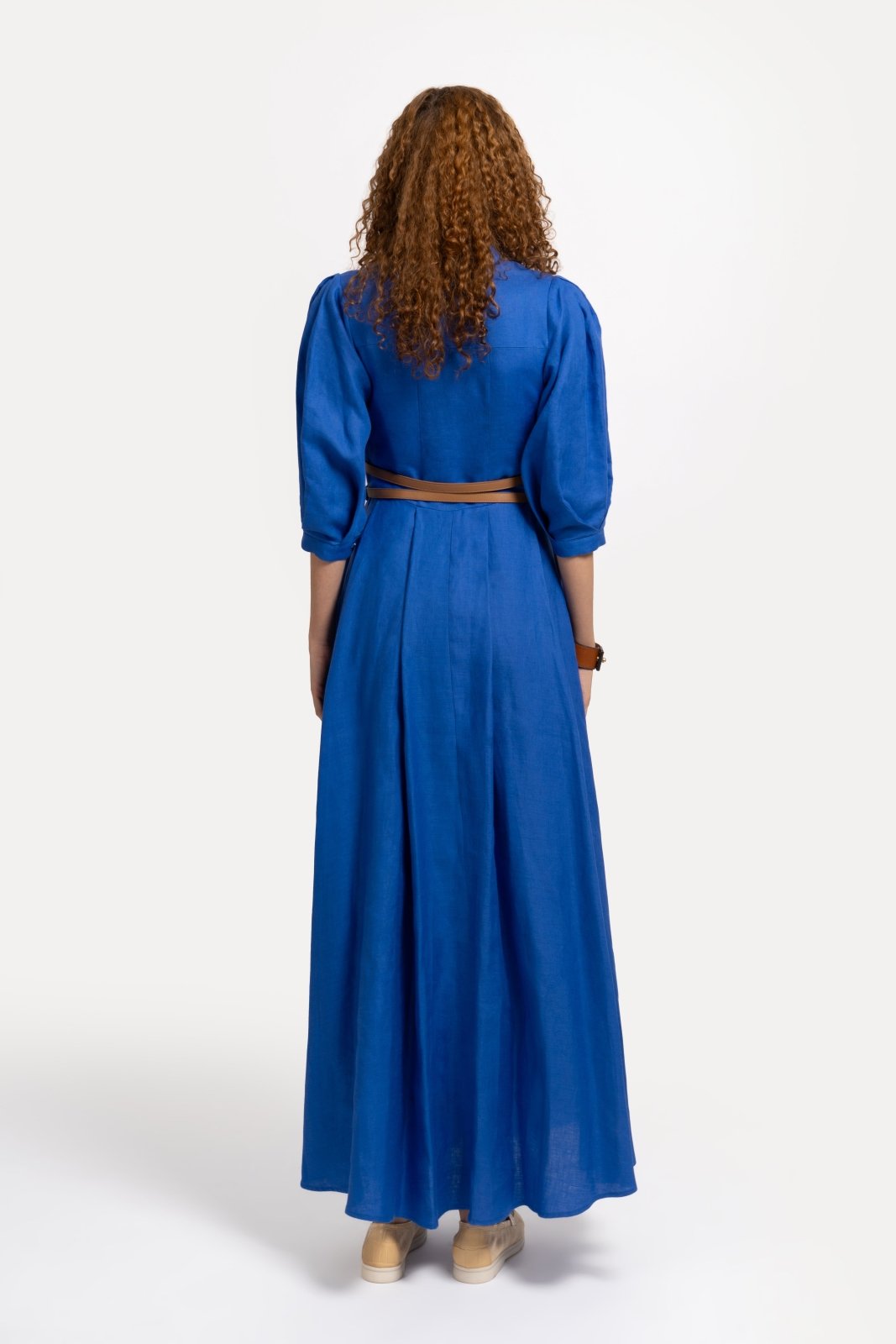 Sax Blue Belted Linen Dress - ADAMO