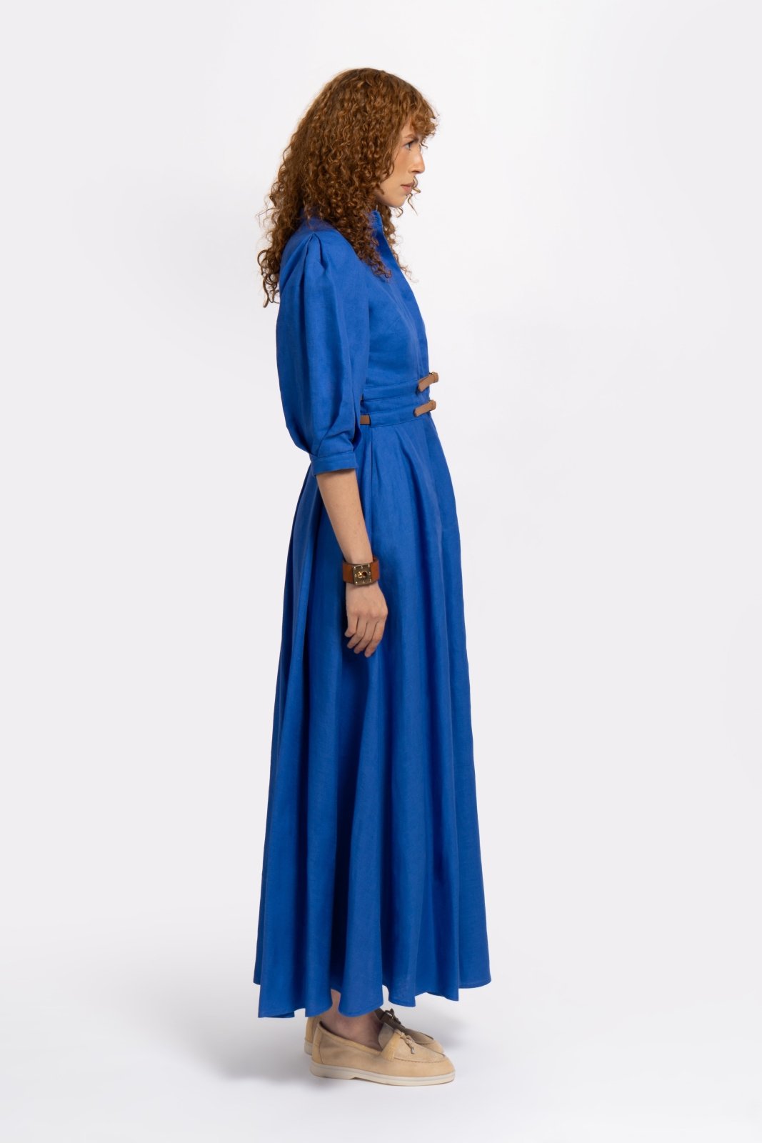 Sax Blue Belted Linen Dress - ADAMO