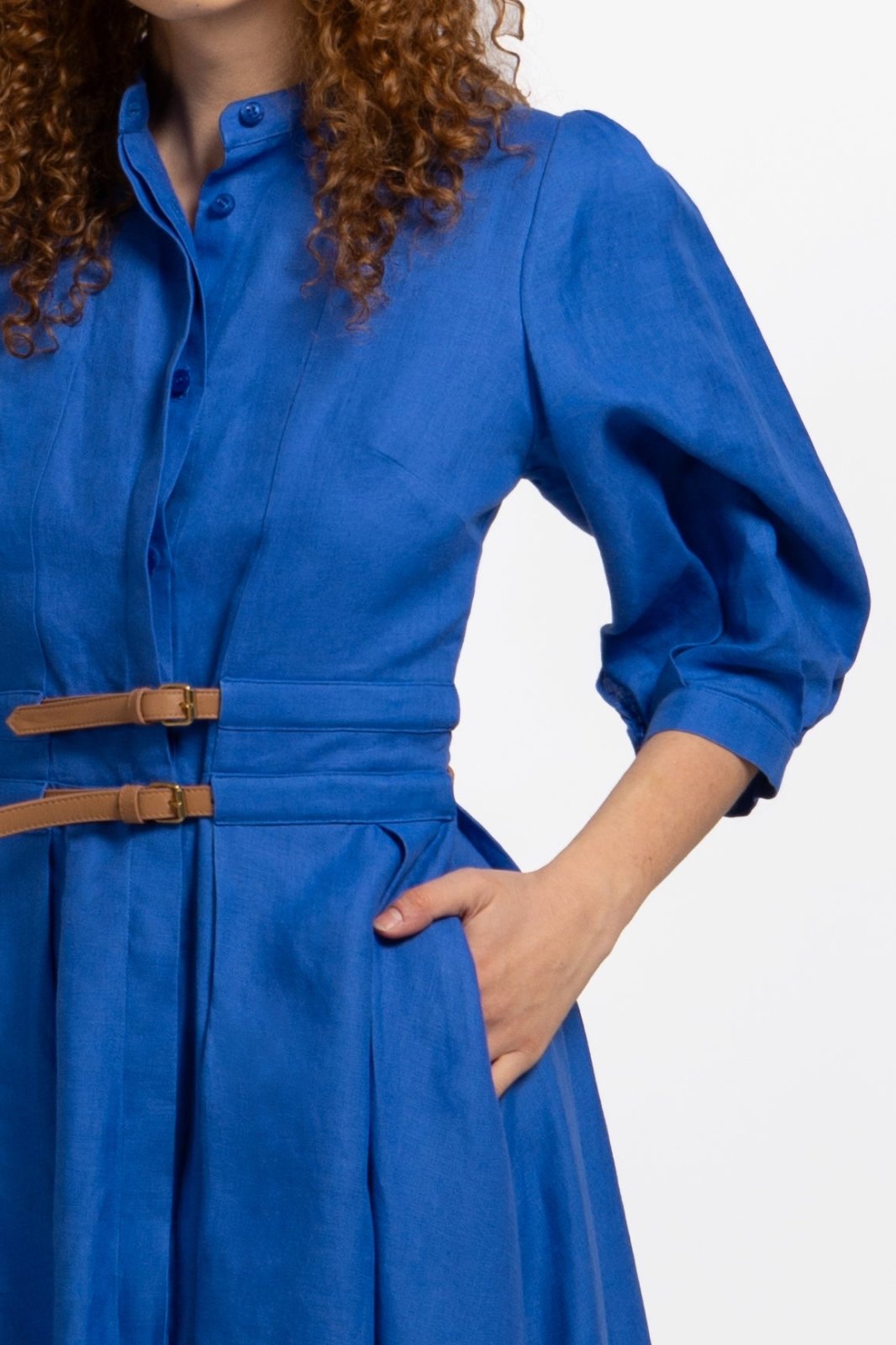 Sax Blue Belted Linen Dress - ADAMO
