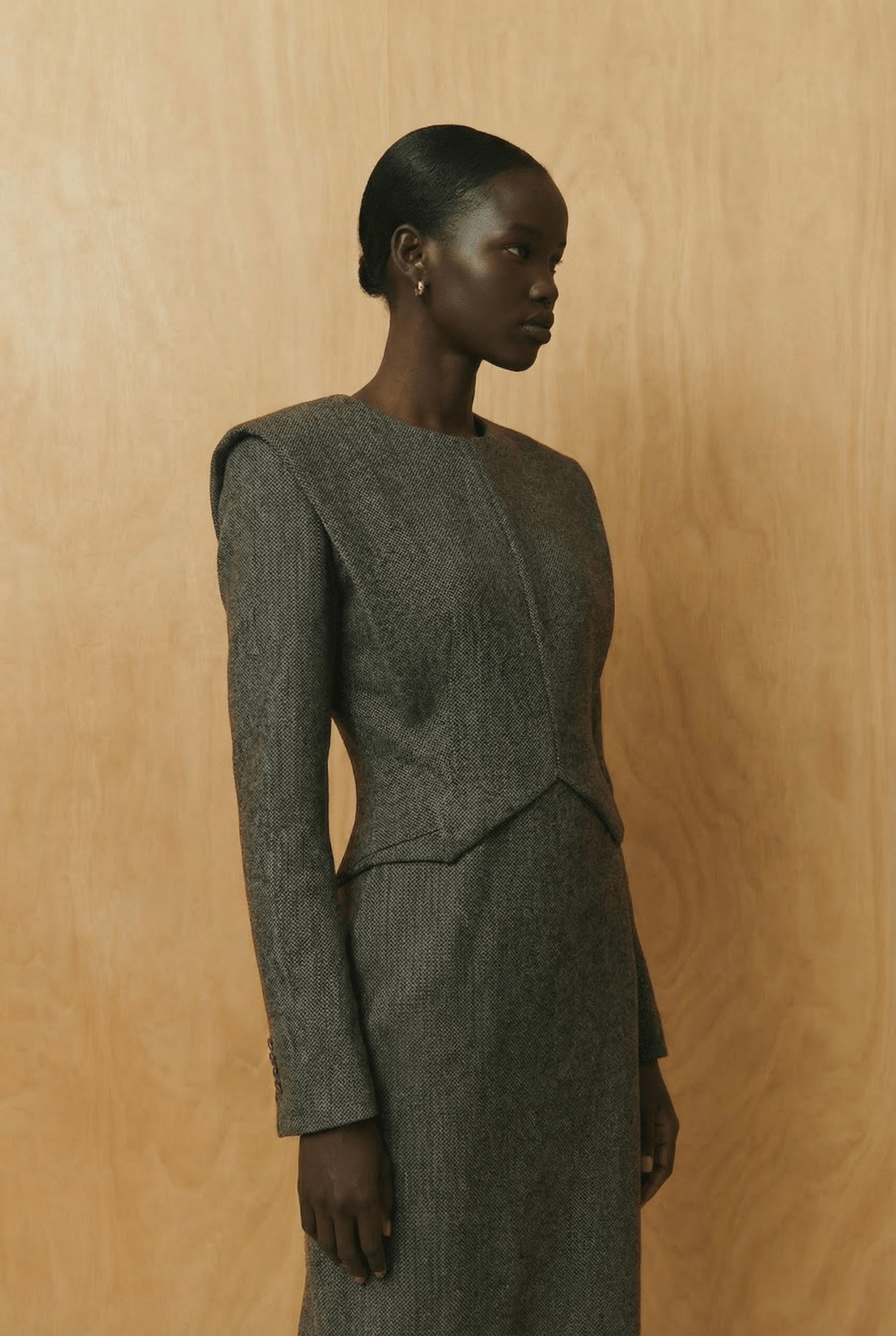 The Olive Herringbone Architectural Wool Dress - ADAMO