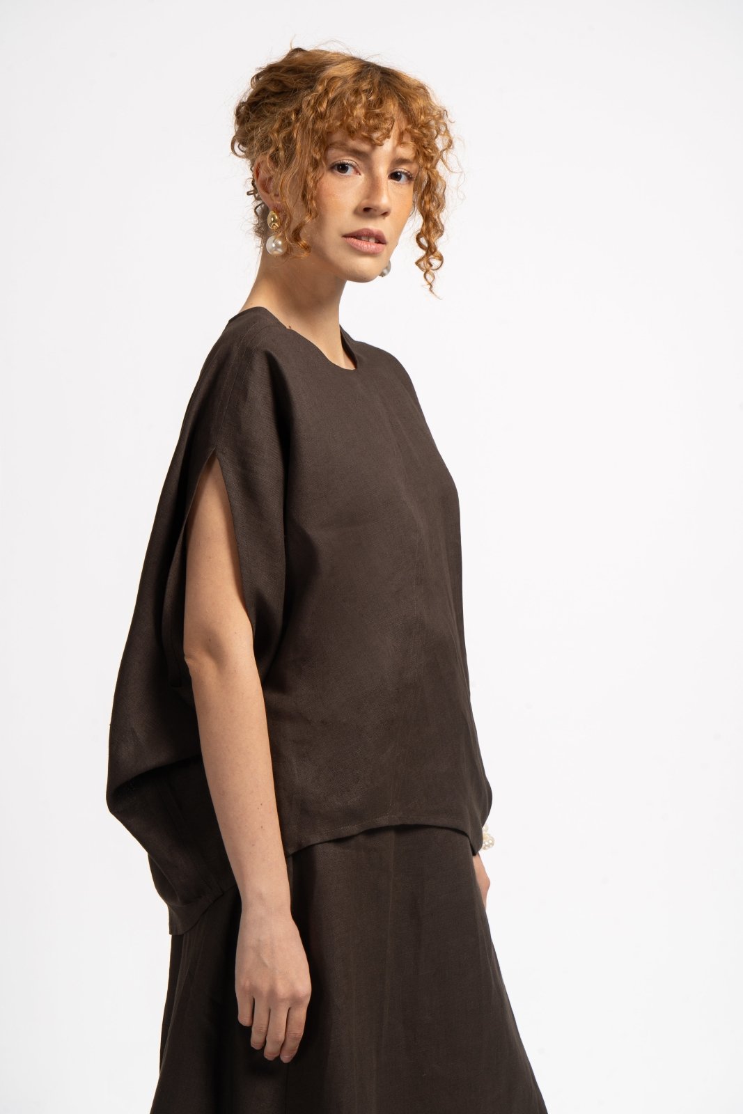 Umber Drape Linen Blouse - ADAMO