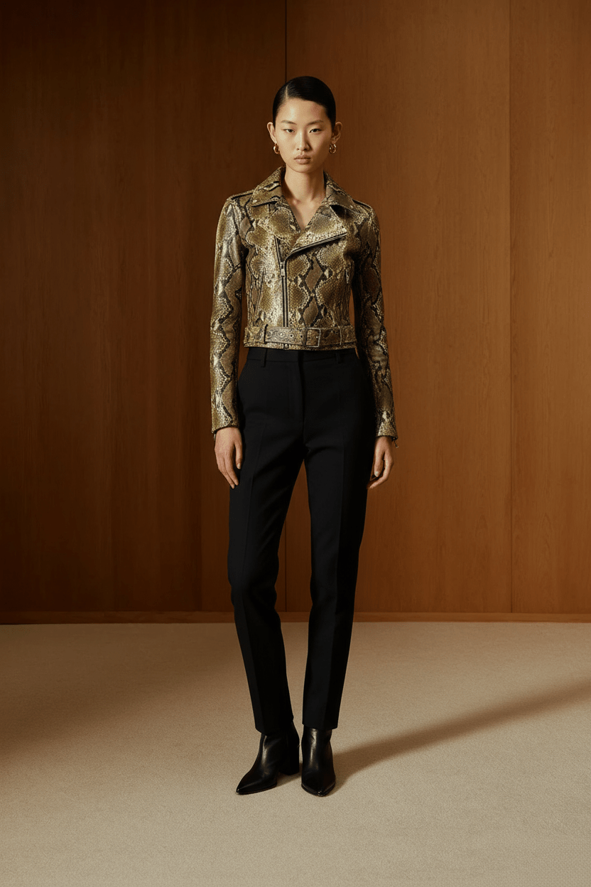 Verde Python Leather Biker Jacket - ADAMO