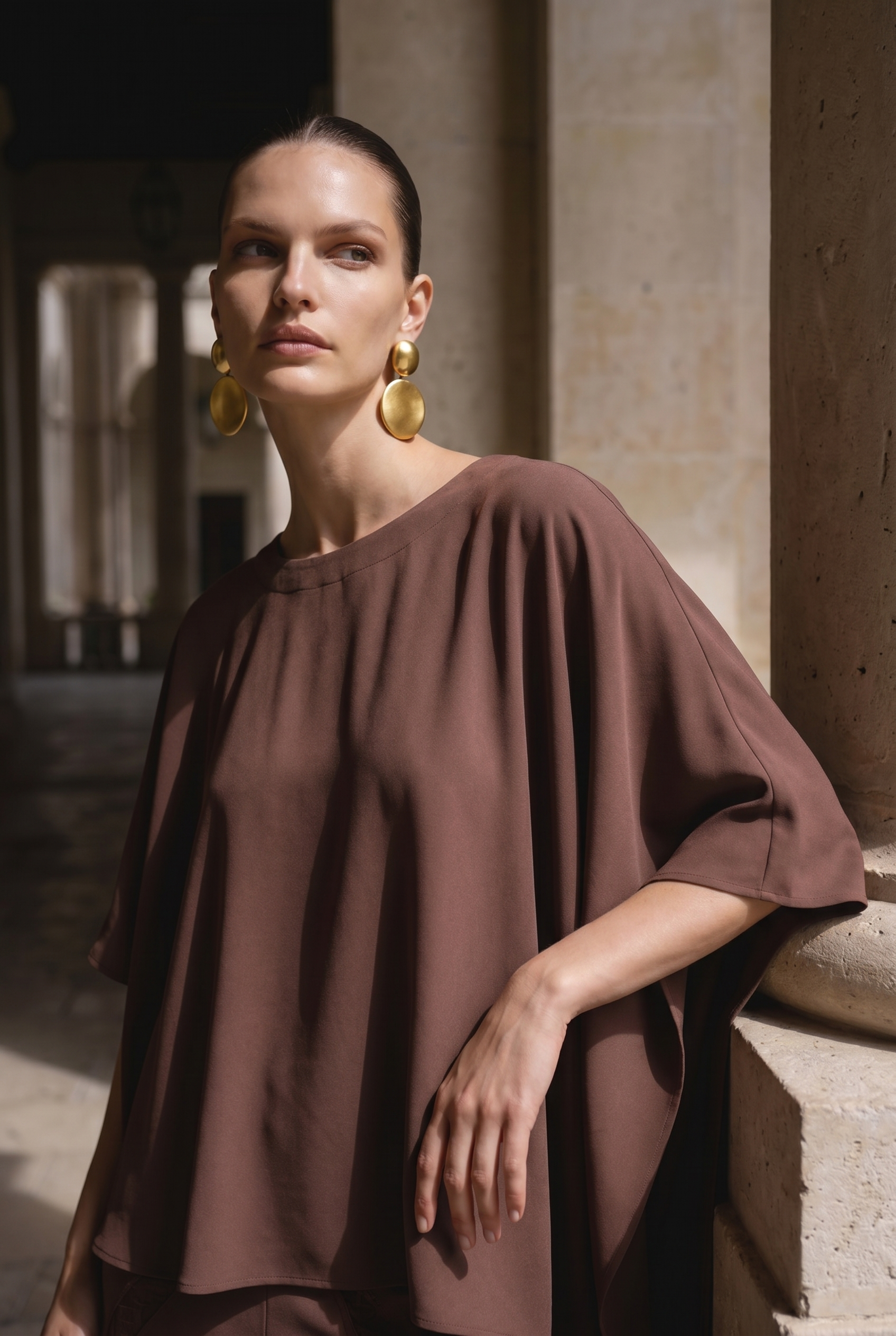 Seravelle Mocha Draped Cape Blouse