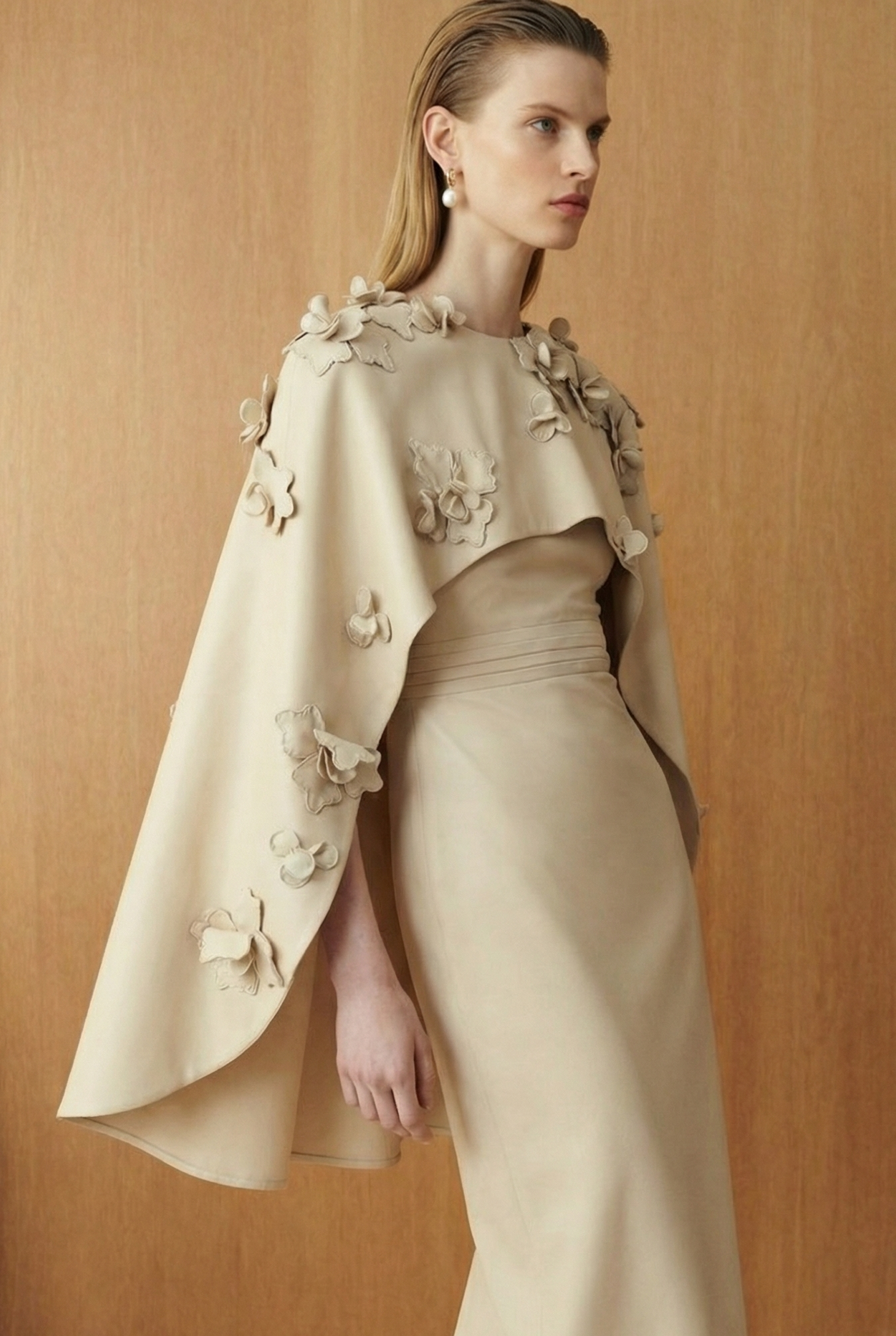 Ivory Petaline Cape-Panel Couture Dress