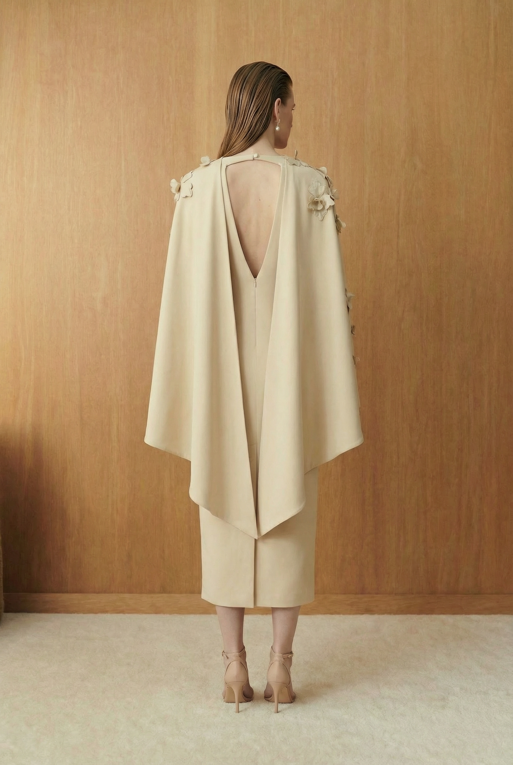 Ivory Petaline Cape-Panel Couture Dress