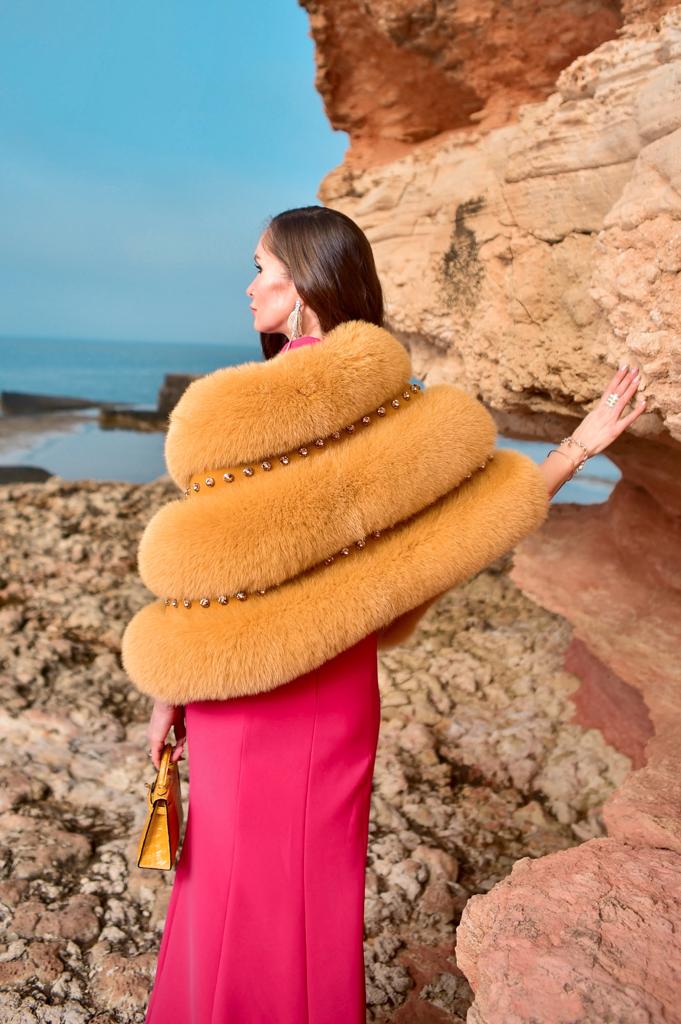 Swarovski Design Camel Color Fox Fur Shawl