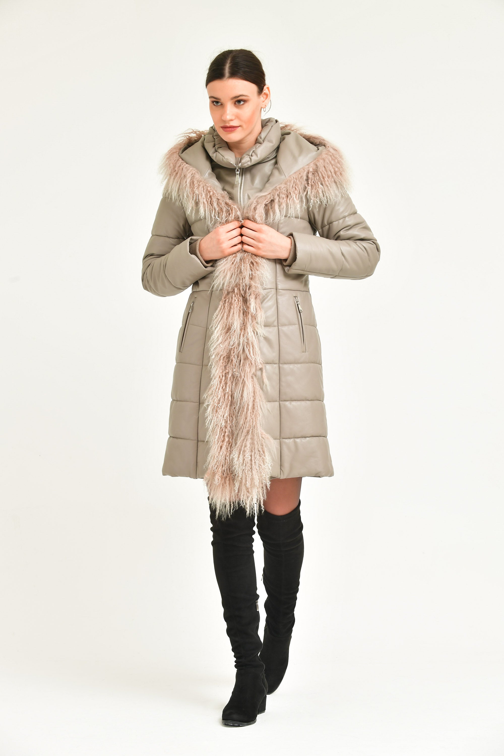 Beige Long Leather Coat