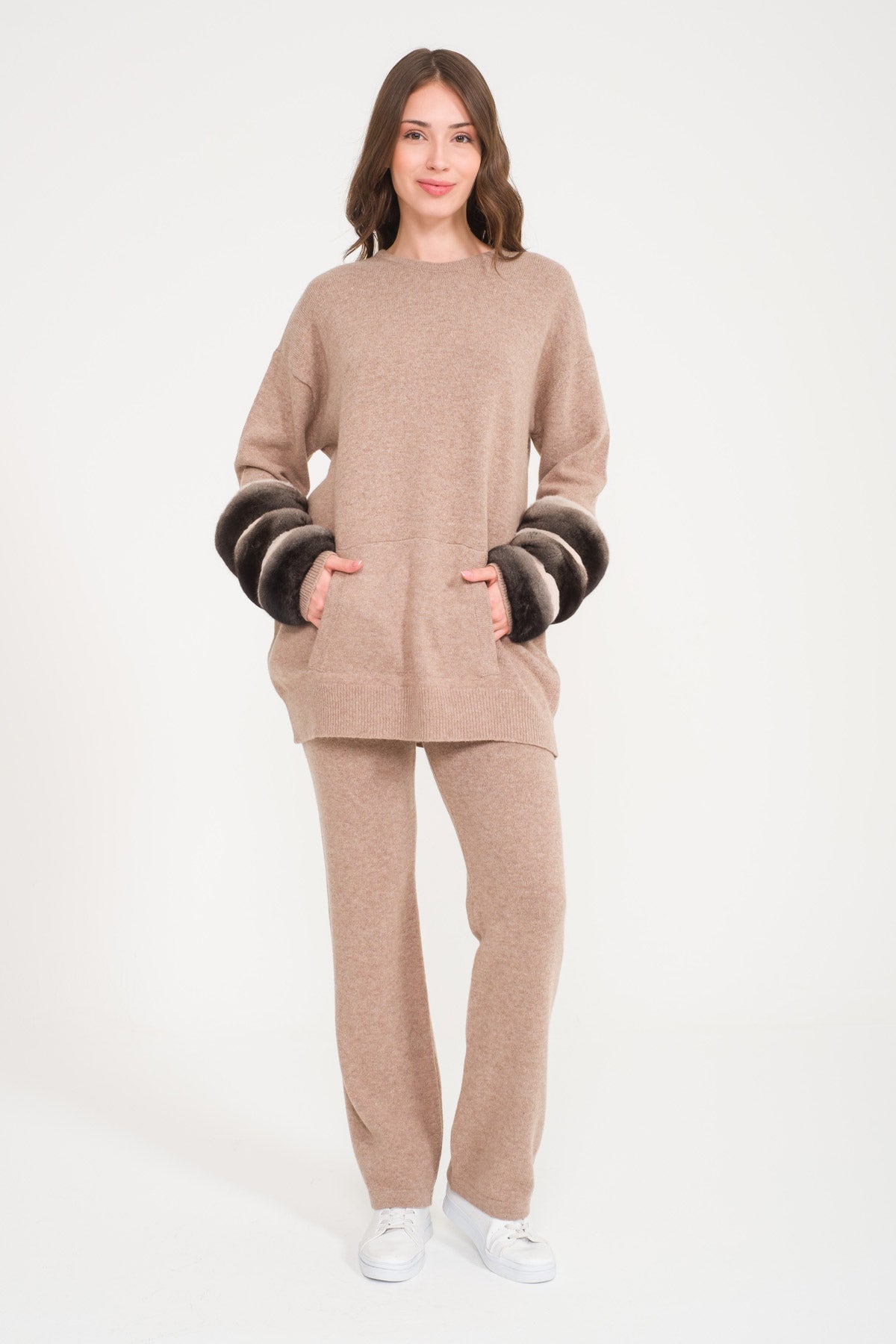Beige Chinchilla Fur Lined Knit Set