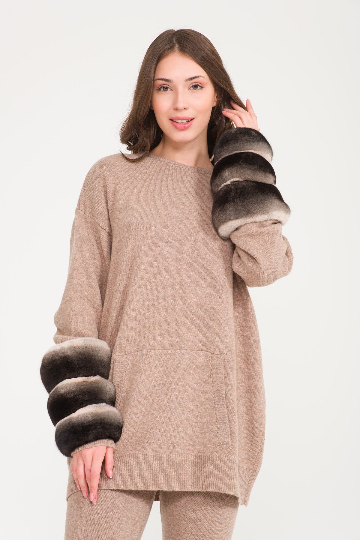 Beige Chinchilla Fur Lined Knit Set