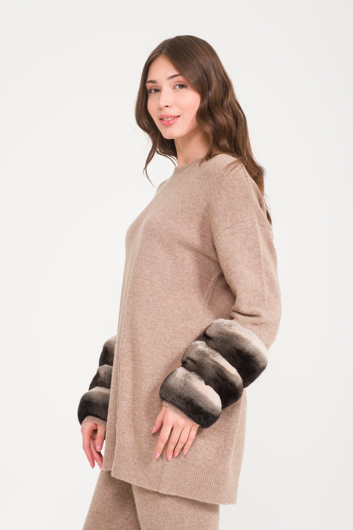 Beige Chinchilla Fur Lined Knit Set
