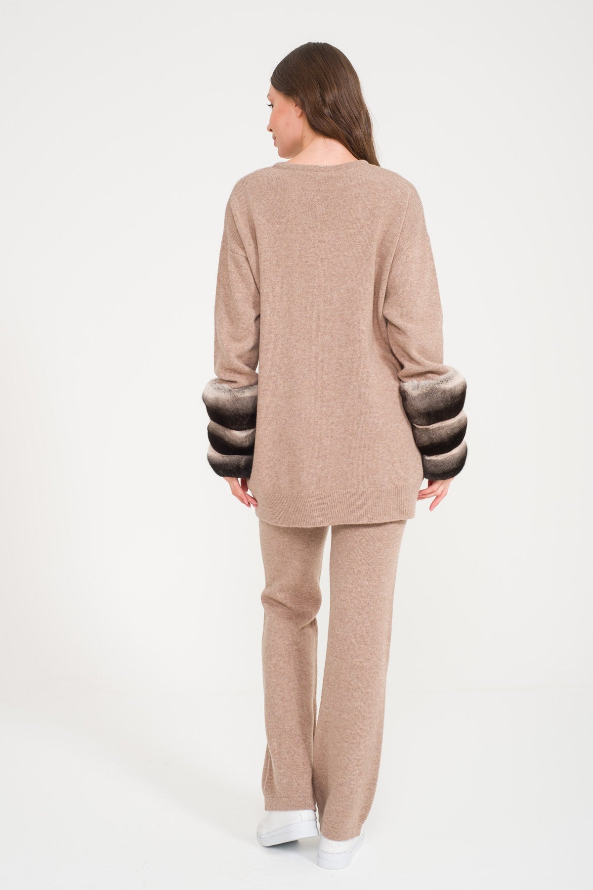 Beige Chinchilla Fur Lined Knit Set