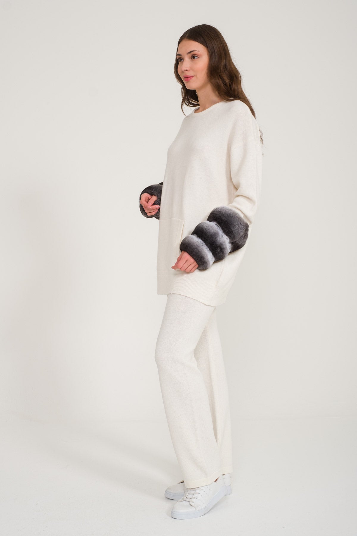 Ecru Chinchilla Fur Lined Knit Set