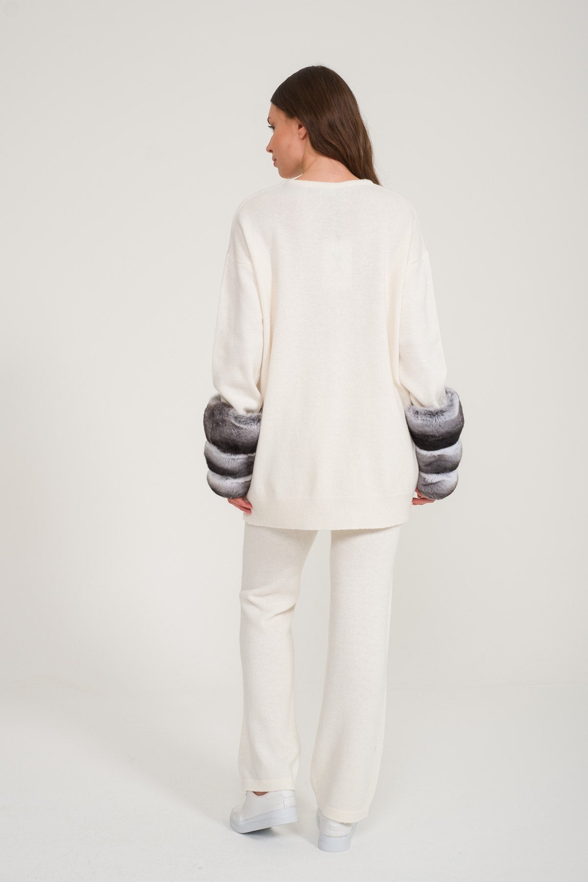 Ecru Chinchilla Fur Lined Knit Set
