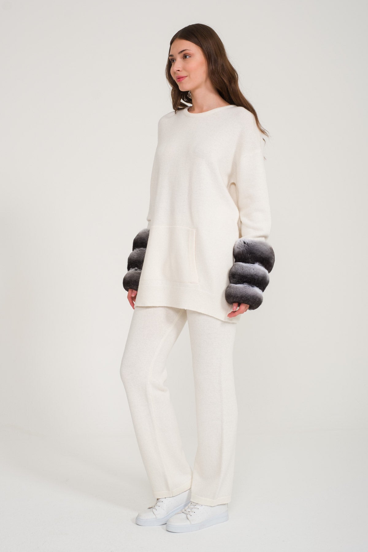 Ecru Chinchilla Fur Lined Knit Set
