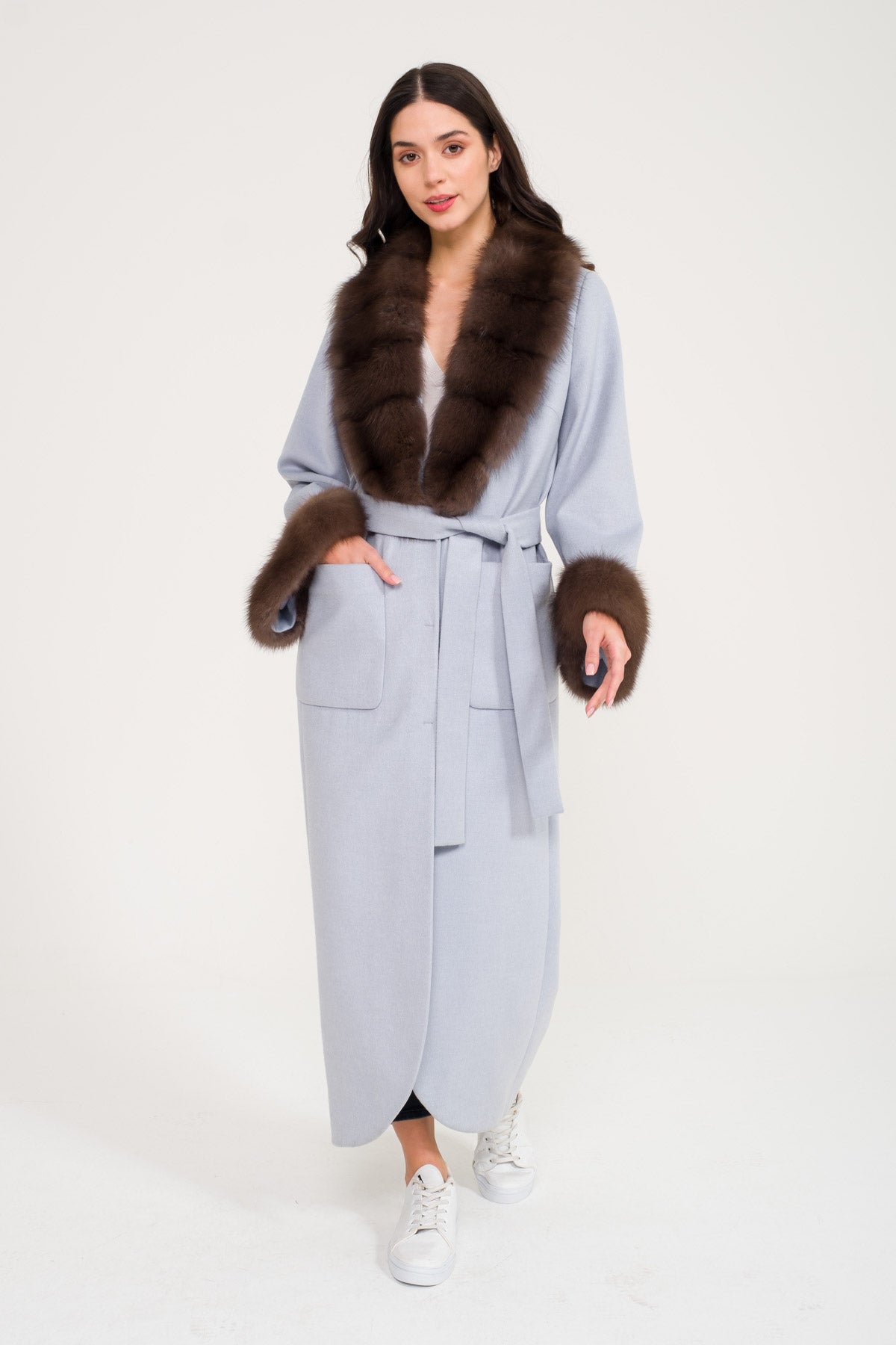 Light Blue Wool & Sable Fur Long Coat
