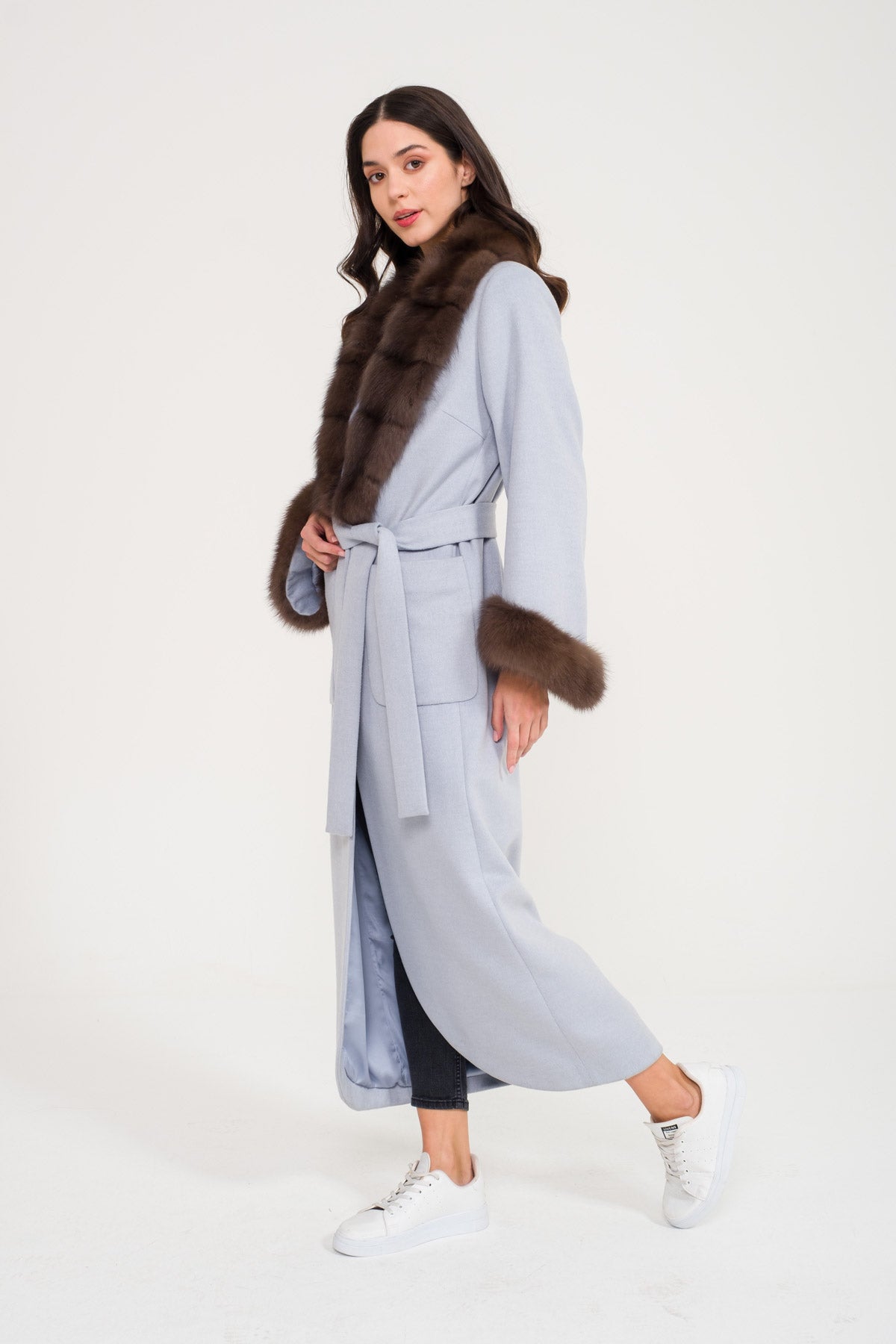 Light Blue Wool & Sable Fur Long Coat