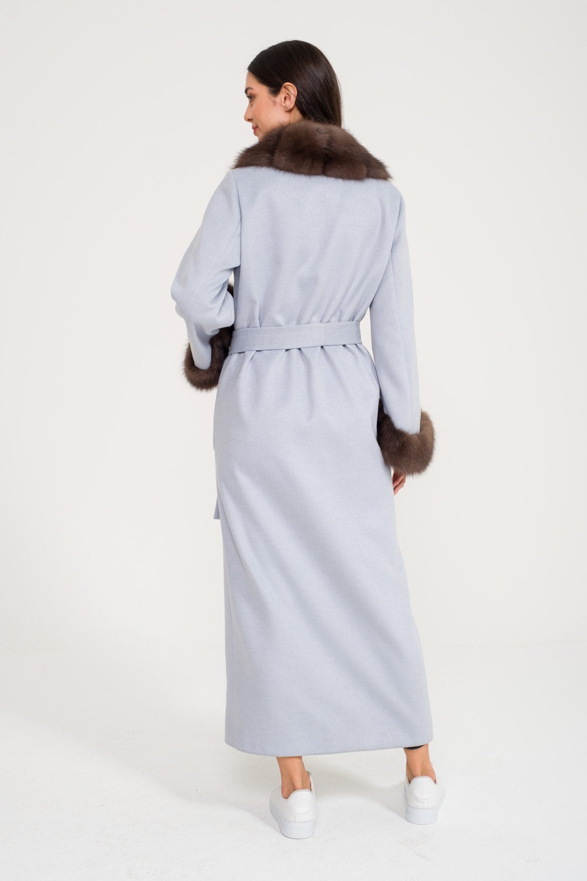 Light Blue Wool & Sable Fur Long Coat