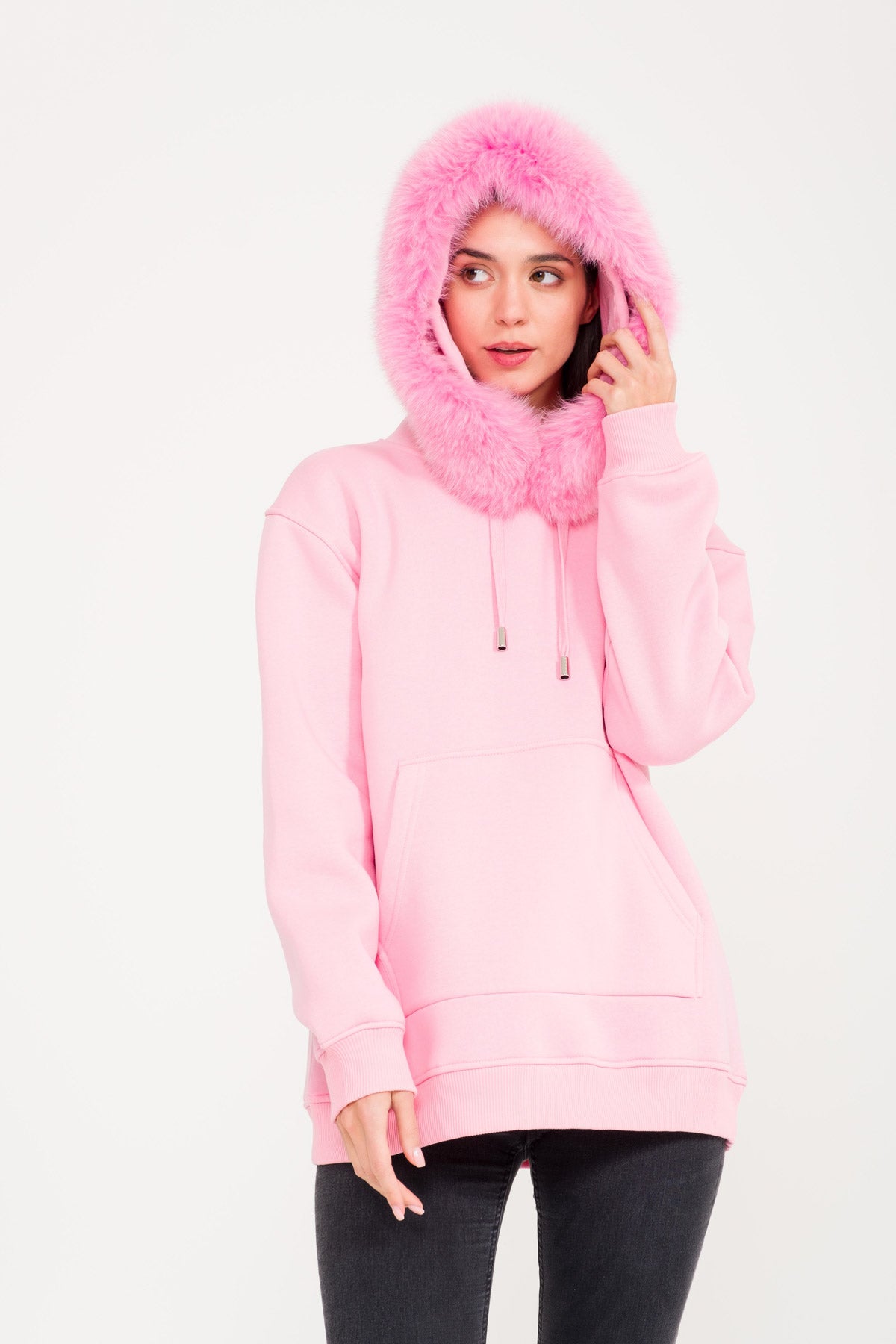 Pink Fox Fur Lined Hoodie
