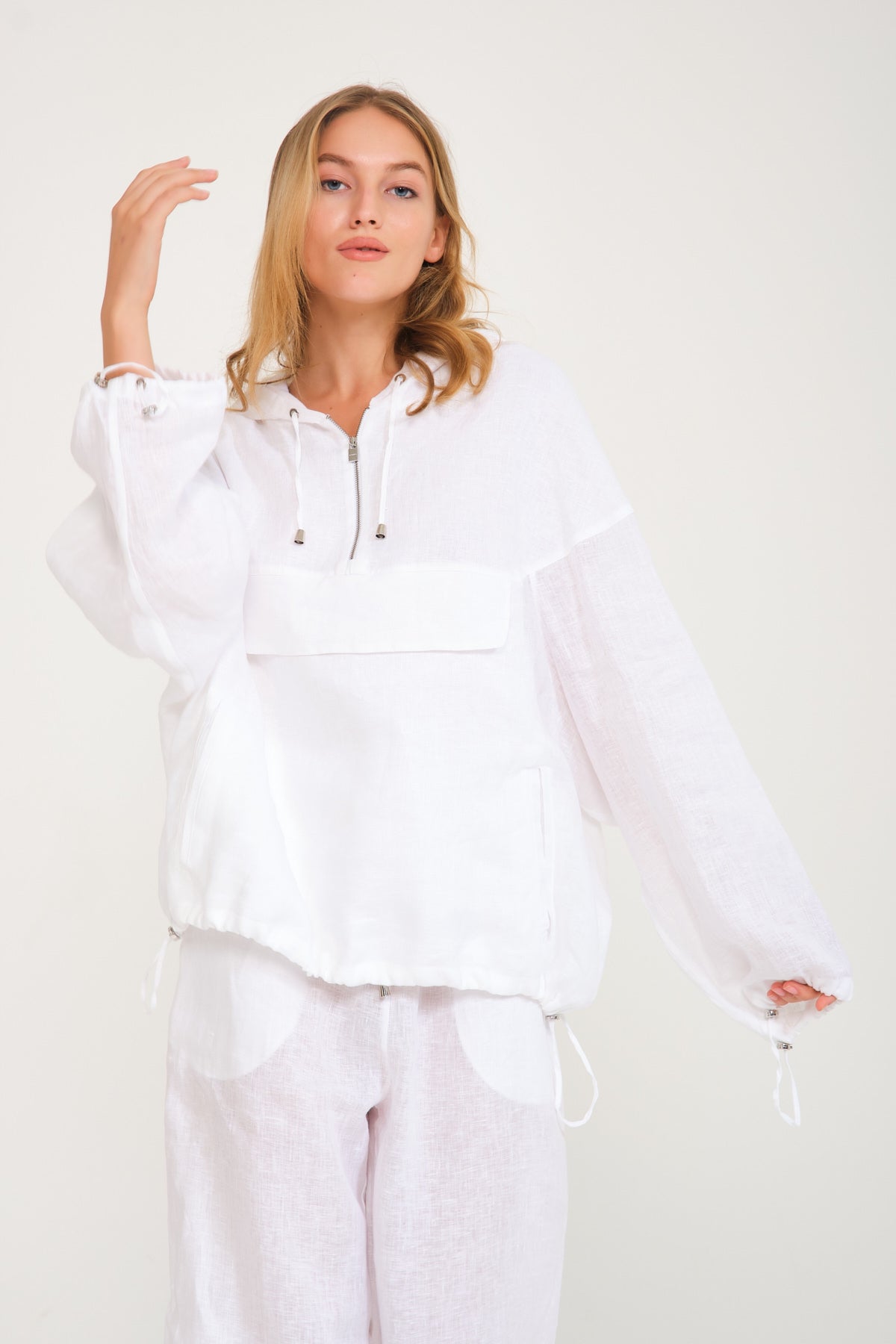 White Linen Hoodie & Pants Set